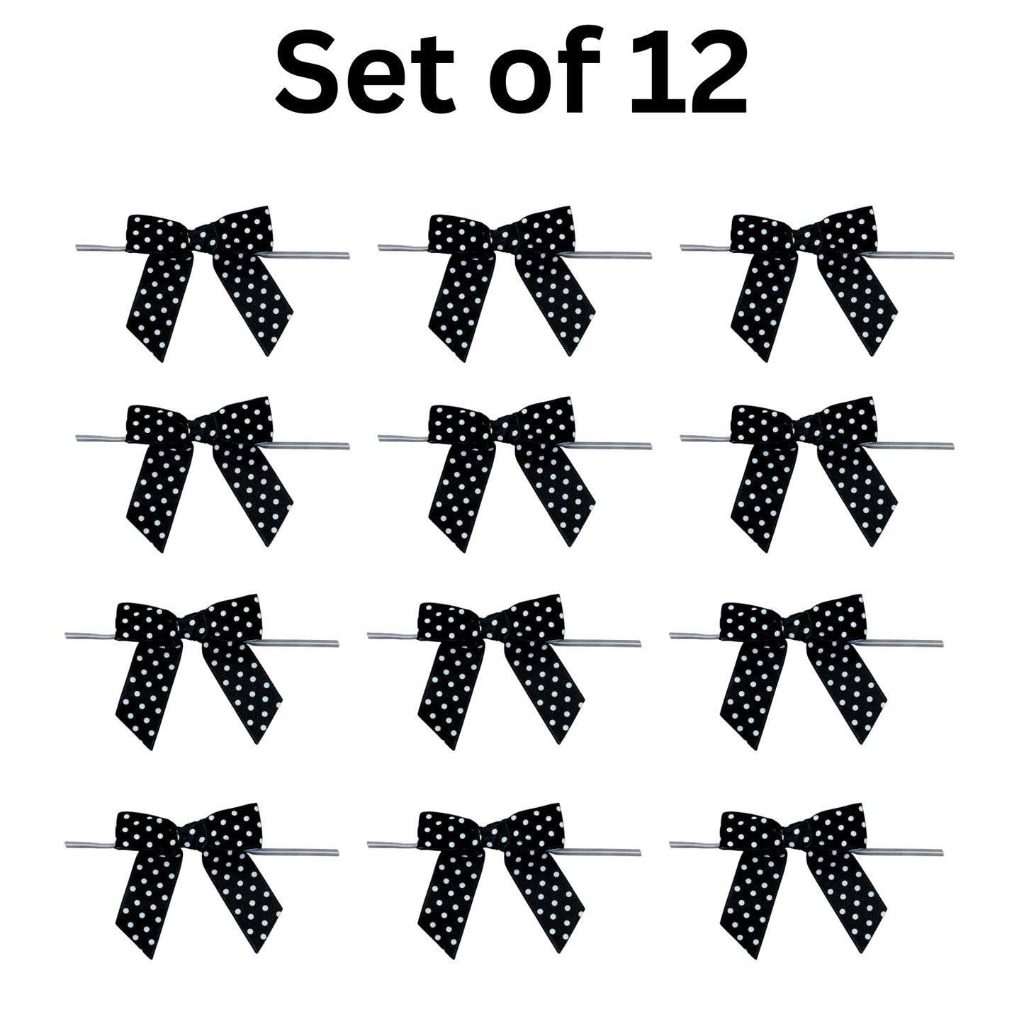 Black & White Polka Dots Pre-Tied Bows - 3" Wide, Set of 12, Grosgrain Ribbon, Wedding Embellishments, Gift Basket Decor, Party Favors, Birthday, Halloween, Christmas, Easter