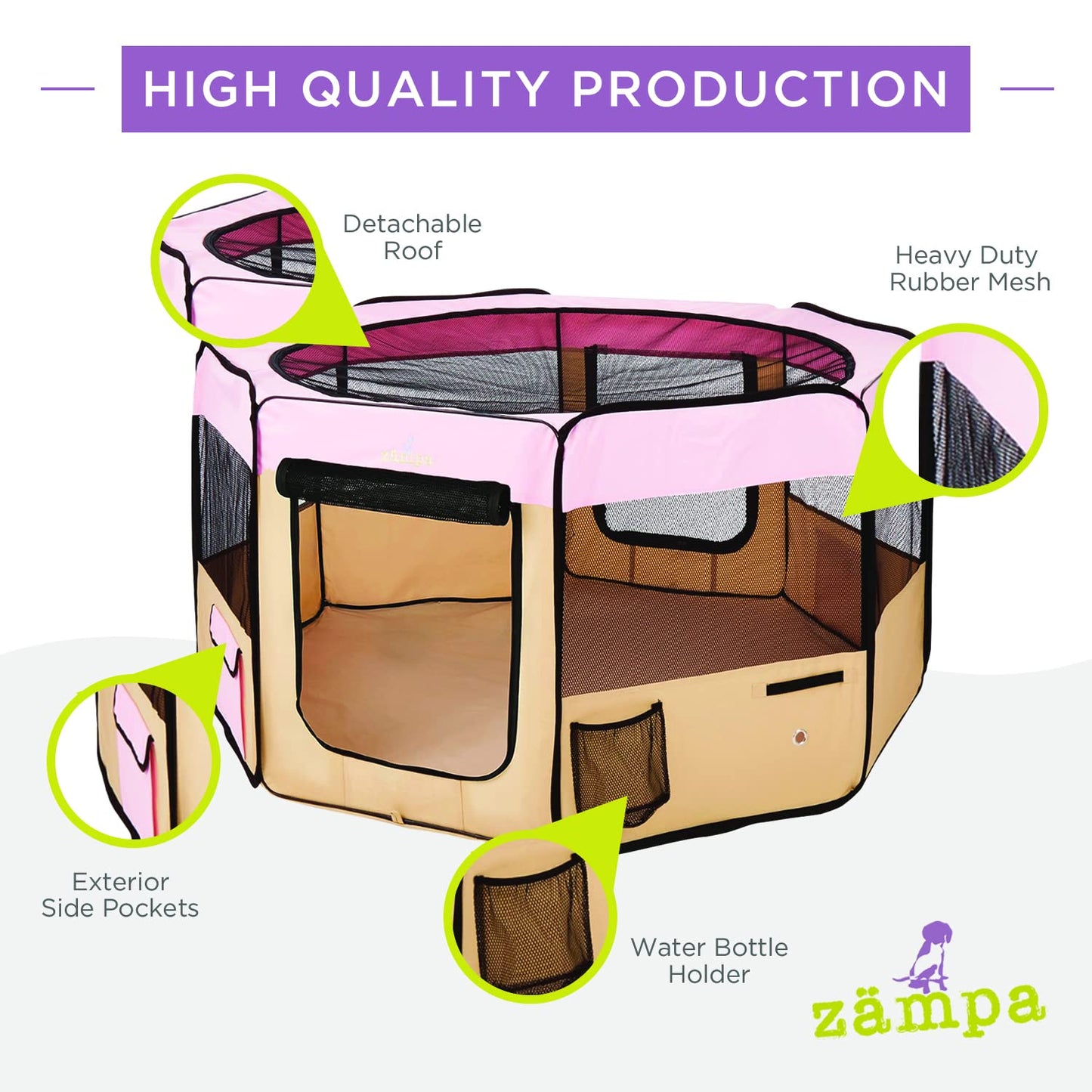 Zampa Puppy Pop Up Portable Playpen for Dog and Cat, Foldable | Indoor/Outdoor Kitten Pen & Travel Pet Carrier + Carrying Case (Pink, Extra Large (80"x80"x36"))