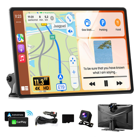 Portable A pple Carplay Screen for Car, 11.3" Extra Large Wireless Car Play & Android Auto Screen for Car, Car Stereo with 4K Dash Cam, App View, Backup Camera,GPS,Mirror Link,FM, Voice Control