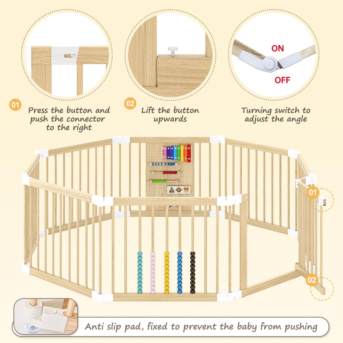 EXPERLAM Baby Playpen - Wooden Playpen for Babies and Toddlers, Foldable Play Pen with Locking Gate, Portable Baby Fence with Adjustable Shape and Size, Extra Large Toddler Play Yard (58X58x23.5Inch)