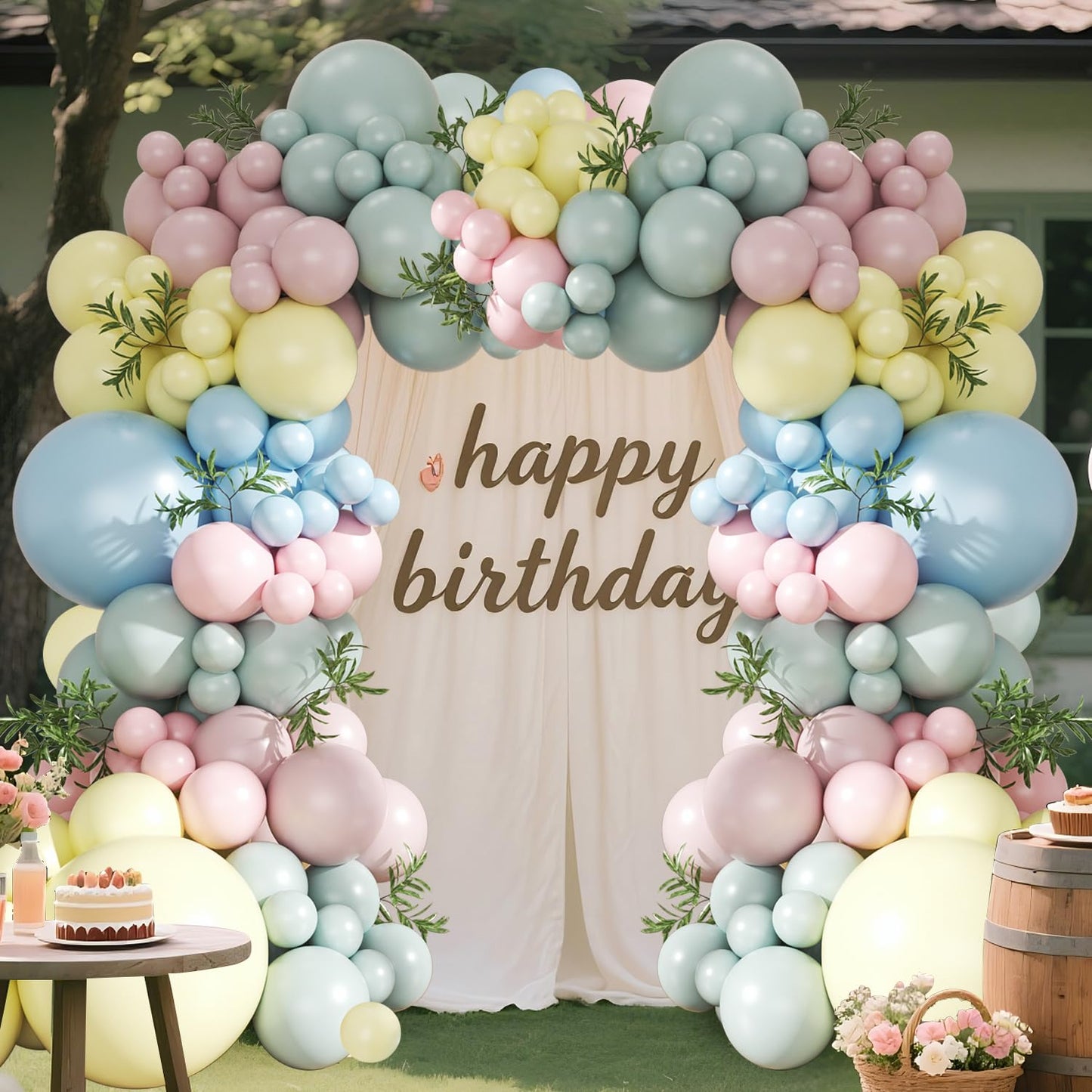 Pink Blue Yellow Pastel Balloon Arch Kit, 124Pcs Macaron Light Pink Blue Yellow Balloons for Spring Tea Party Baby Shower Wedding Birthday Gender Reveal Party Decorations
