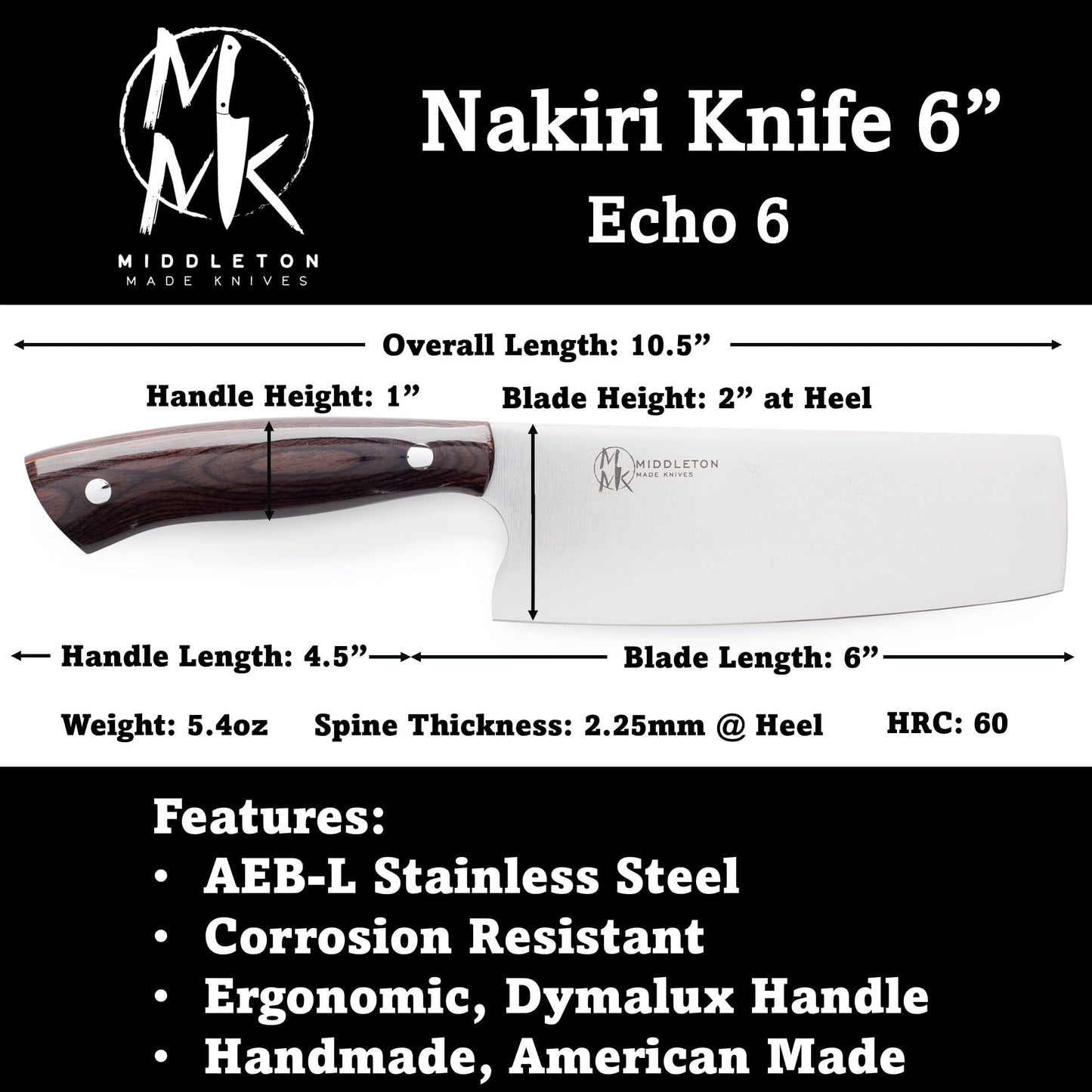 Middleton Made Knives Echo 6 Nakiri Knife - 6 Inch Chef Knife - Handmade Professional Chef Knife - Chefs Knife Made with AEB-L Stainless Steel - USA Made Nakiri Chef Knife - Great Chef Gifts - Walnut