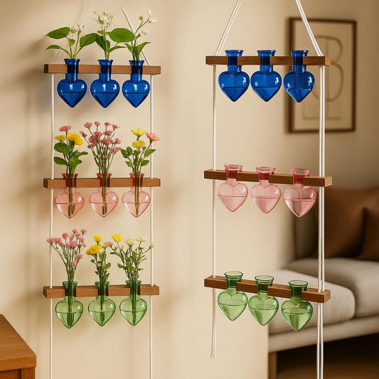 Leinuosen Wall Hanging Plant Propagation Stations Mother Gifts for Her Plant Lovers 3 Tiered 9 Heart Shaped Glass Vases Terrarium with Wooden Stand for Hydroponics Indoor Garden Home Decor(Multicolor)