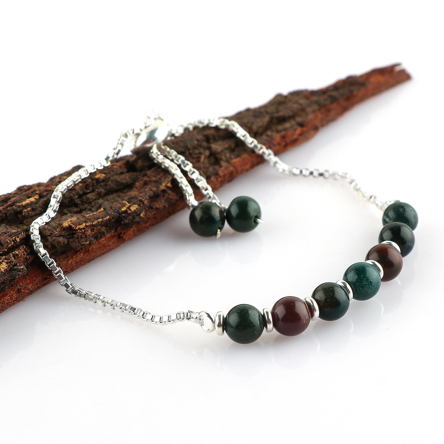 TGH Handmade Natural Bloodstone Gemstone Round Beads Bolo Bracelet – Chakra Healing Crystals – Silver Plated Adjustable Slider – Gift for Women Birthday Christmas Gifts