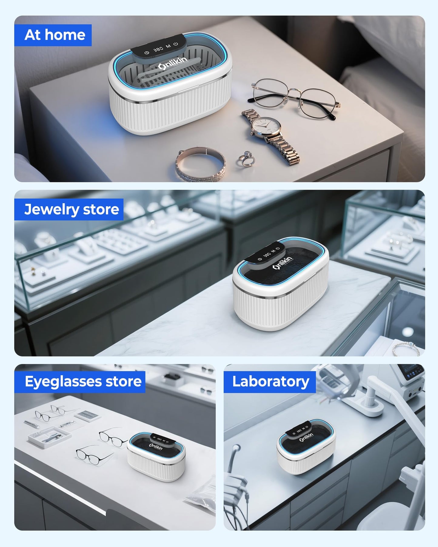 onlikin 35W Ultrasonic Jewelry Cleaner, 45KHz Retainer Cleaner for Jewelry, 5 Timer & 3 Power Modes, Eyeglasses, Rings, Watch Strap, Dentures - 20oz, 304 Stainless Steel Tank, Quiet <38dB (White)