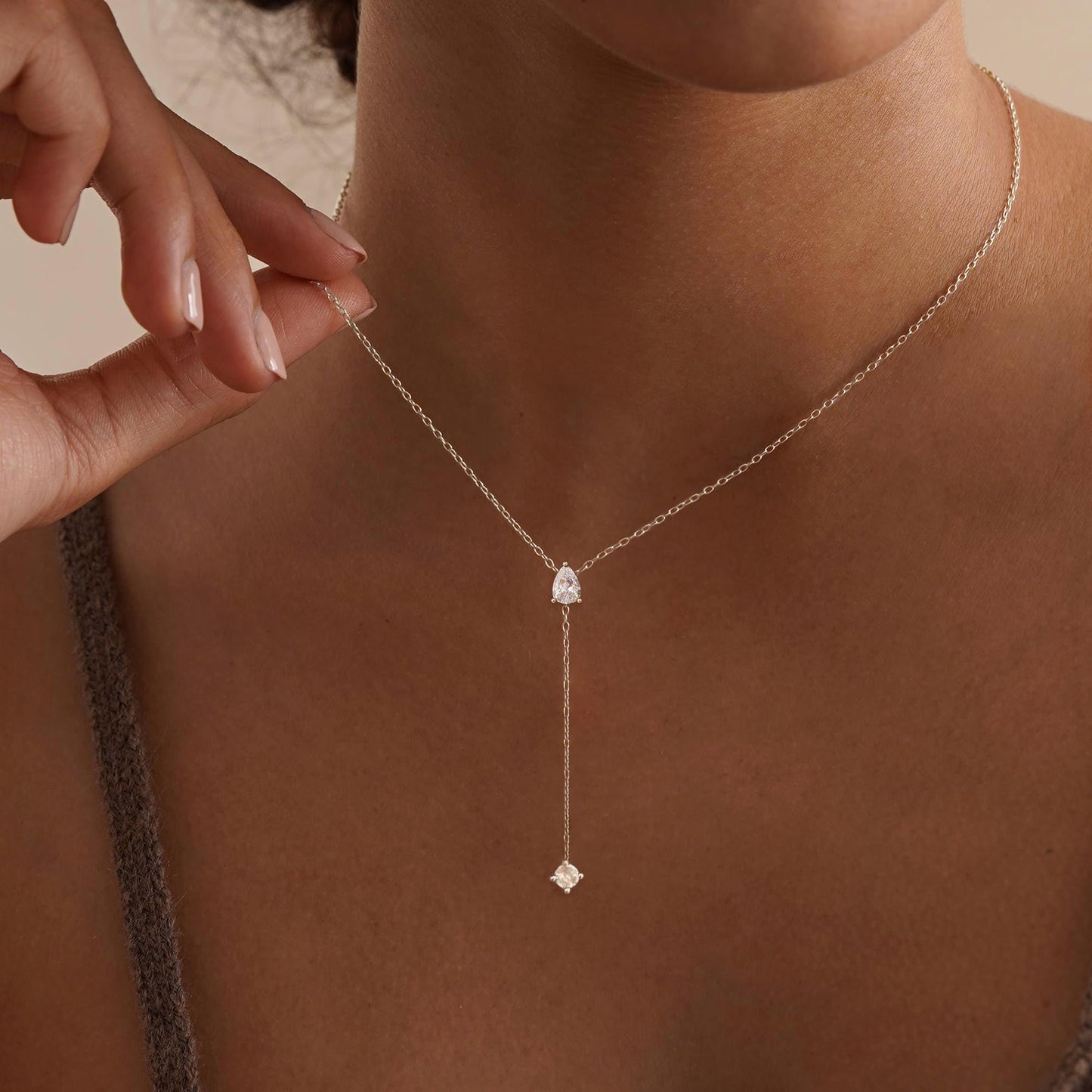 FUCJOEE Silver Necklace for Women - Dainty Long Silver Necklace Simple Teardrop CZ Y Shaped Drop Necklaces Statement Lariat Necklace Cute Long Necklaces for Women Trendy Silver Prom Jewelry Gifts