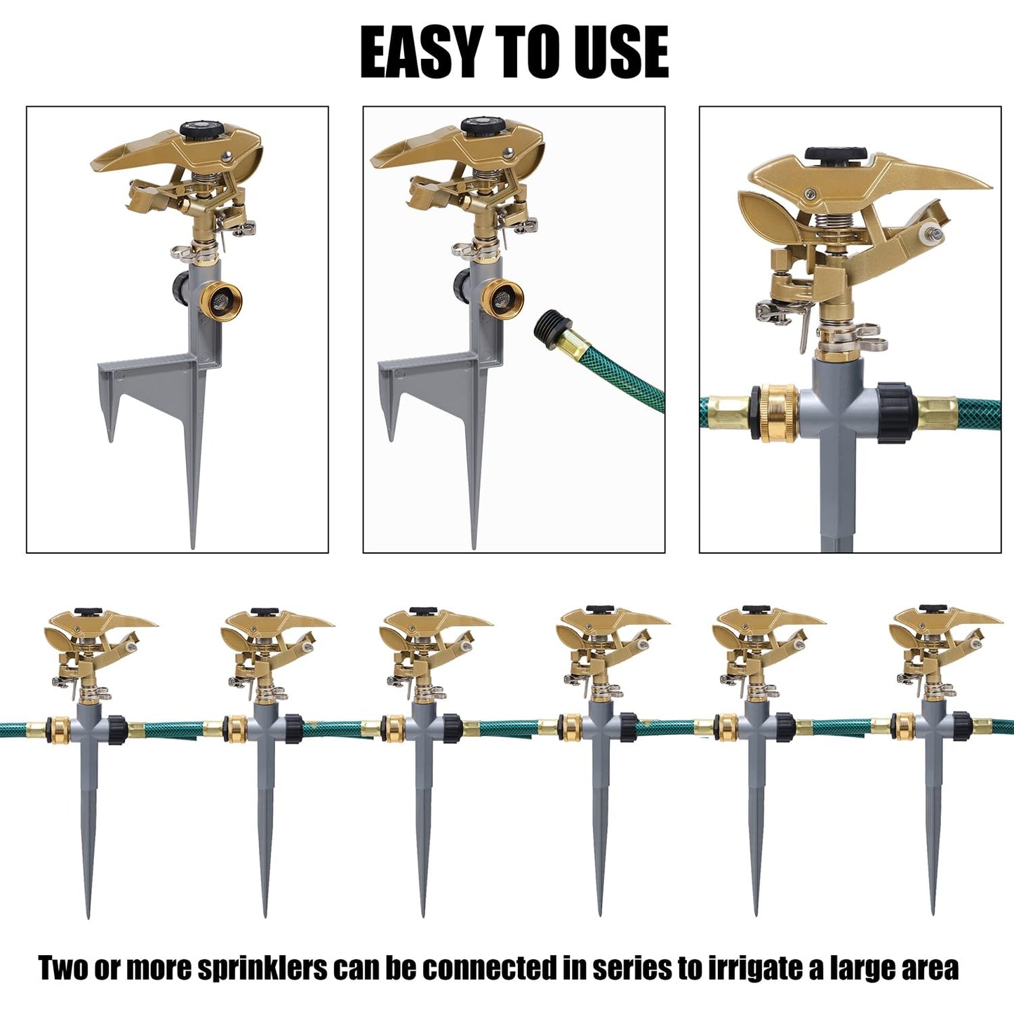 Biswing 2 Pack Impact Sprinklers on Metal Step Spike, Heavy Duty Zinc Alloy Lawn Sprinkler Head on Spike Base, Adjustable 360 Degree Watering Sprinkler for Large Area Grass Garden Irrigation