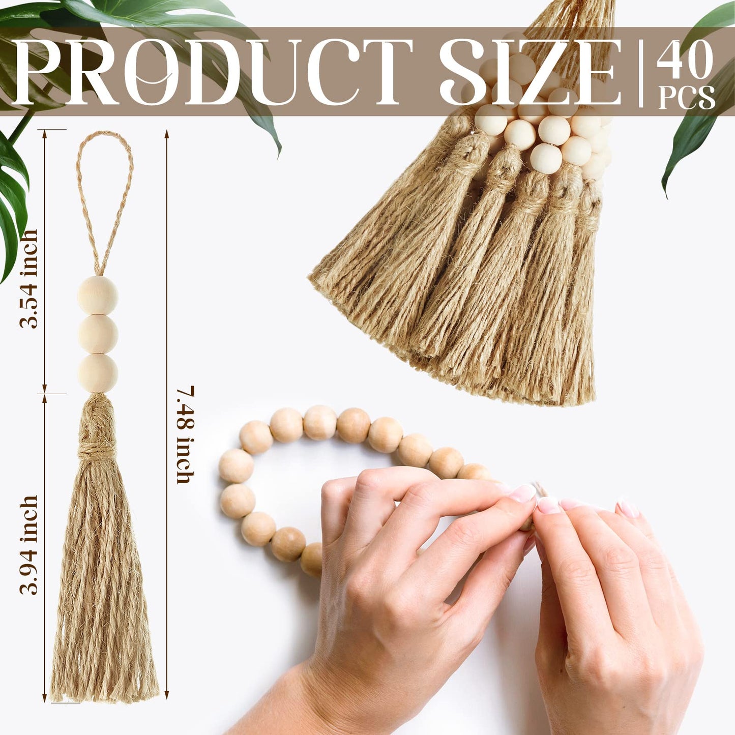Taiyin 40 Sets Jute Tassels with 3 Wood Beads Natural Jute Rope Burlap Tassels for Christmas Tree DIY Craft Wood Beads Garland Project Wedding Home Party Decorations