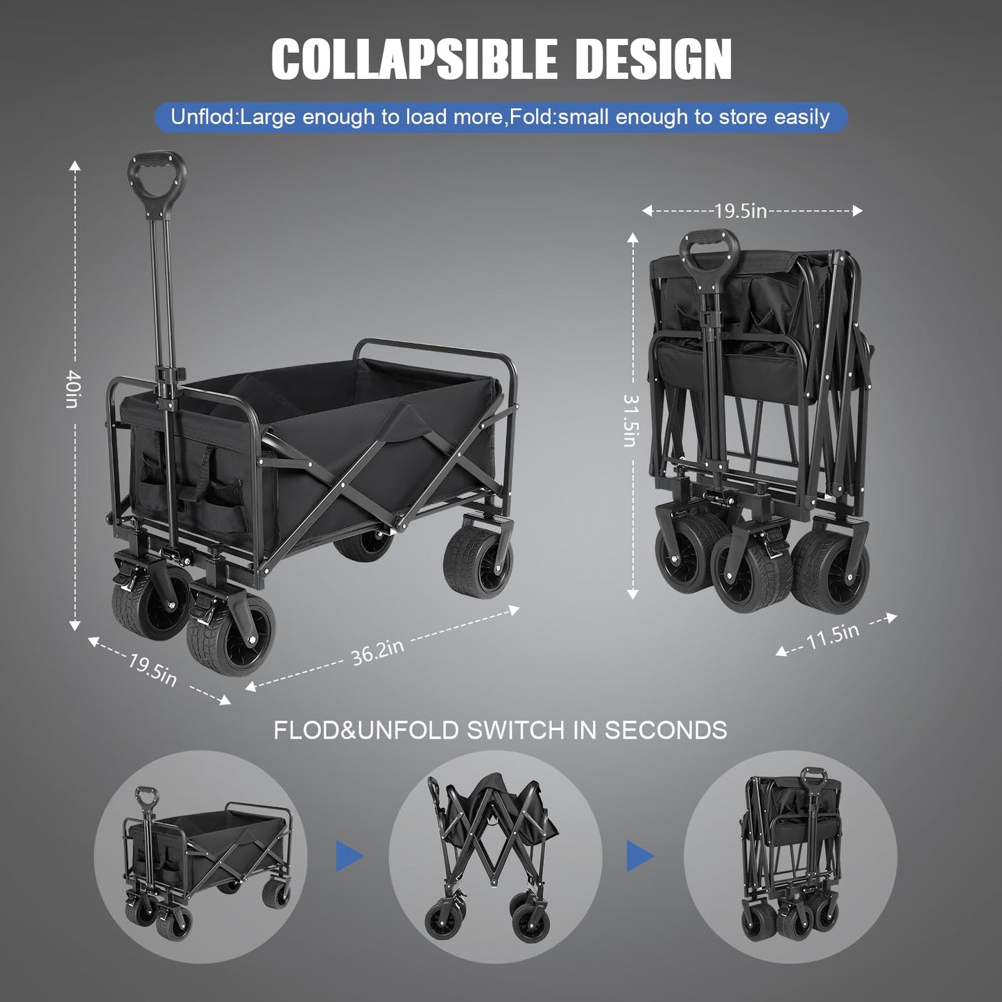 EVLIQUIL Collapsible Foldable Beach Wagon,Folding Wagon Cart with Big Wheels,Utility Grocery All Terrain Wagons carts Foldable with Brakes for Sand Camping Sports Outdoor(Deep Black).