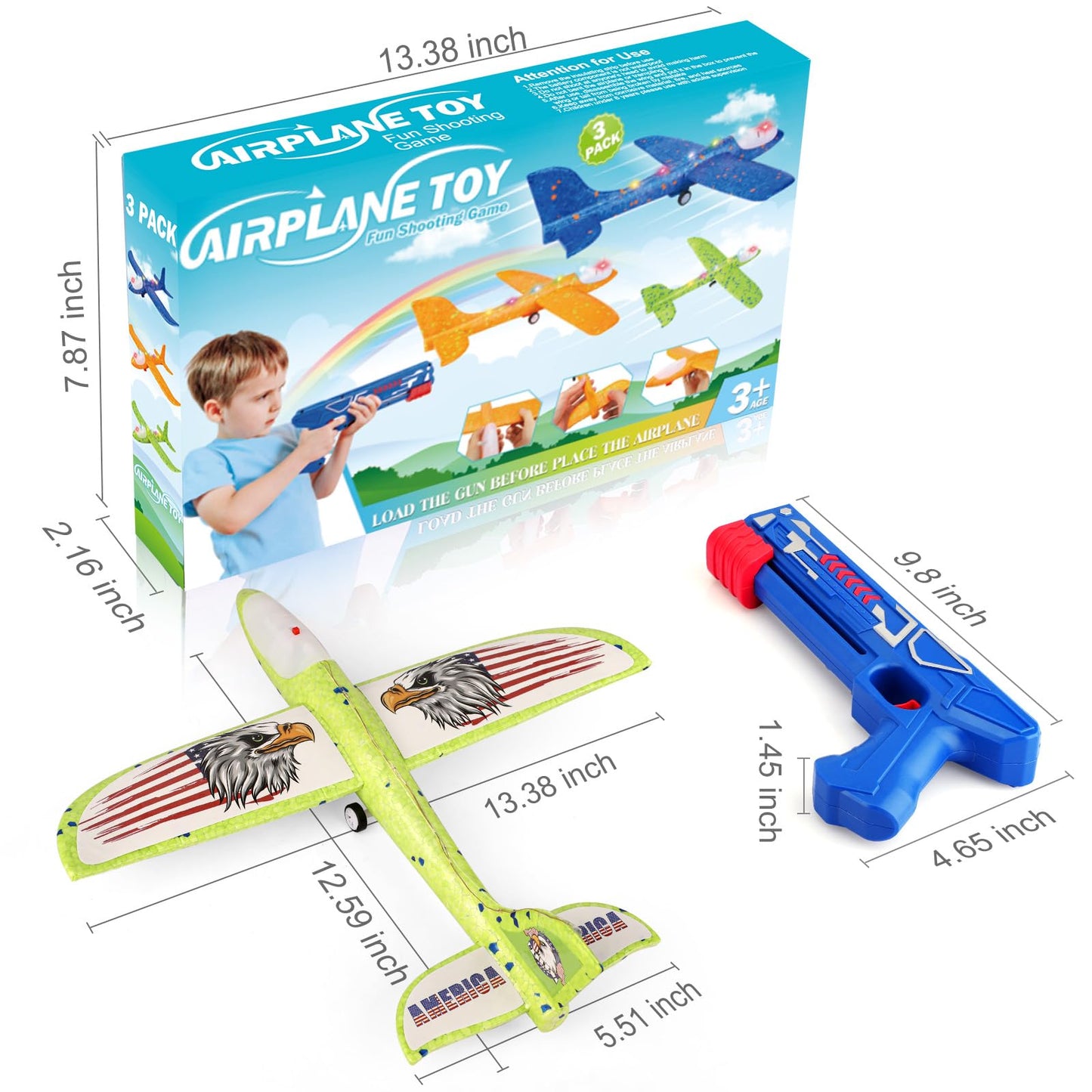 3 Pack Airplane Launcher Toy for Kids, 12.6" LED Foam Glider Plane, 2 Flight Mode Catapult Plane Boy Toys with Stickers, Outdoor Flying Toys Birthday Gifts for 4 5 6 7 8 9 10 12 Year Old Boys Girls