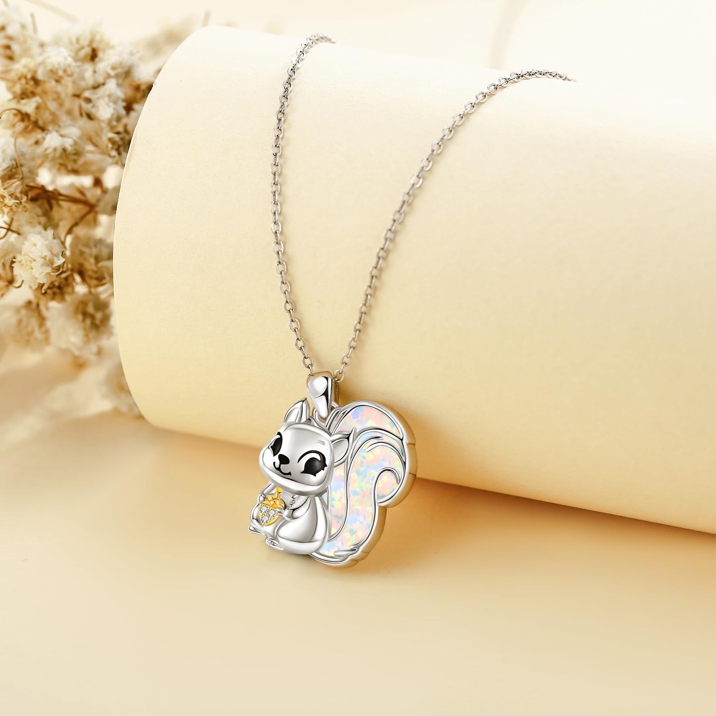 YAFEINI Squirrel Necklace 925 Sterling Silver Opal Squirrel Pendant Necklace Opal Jewelry for Women Squirrel Lovers Christmas Birthday Gift