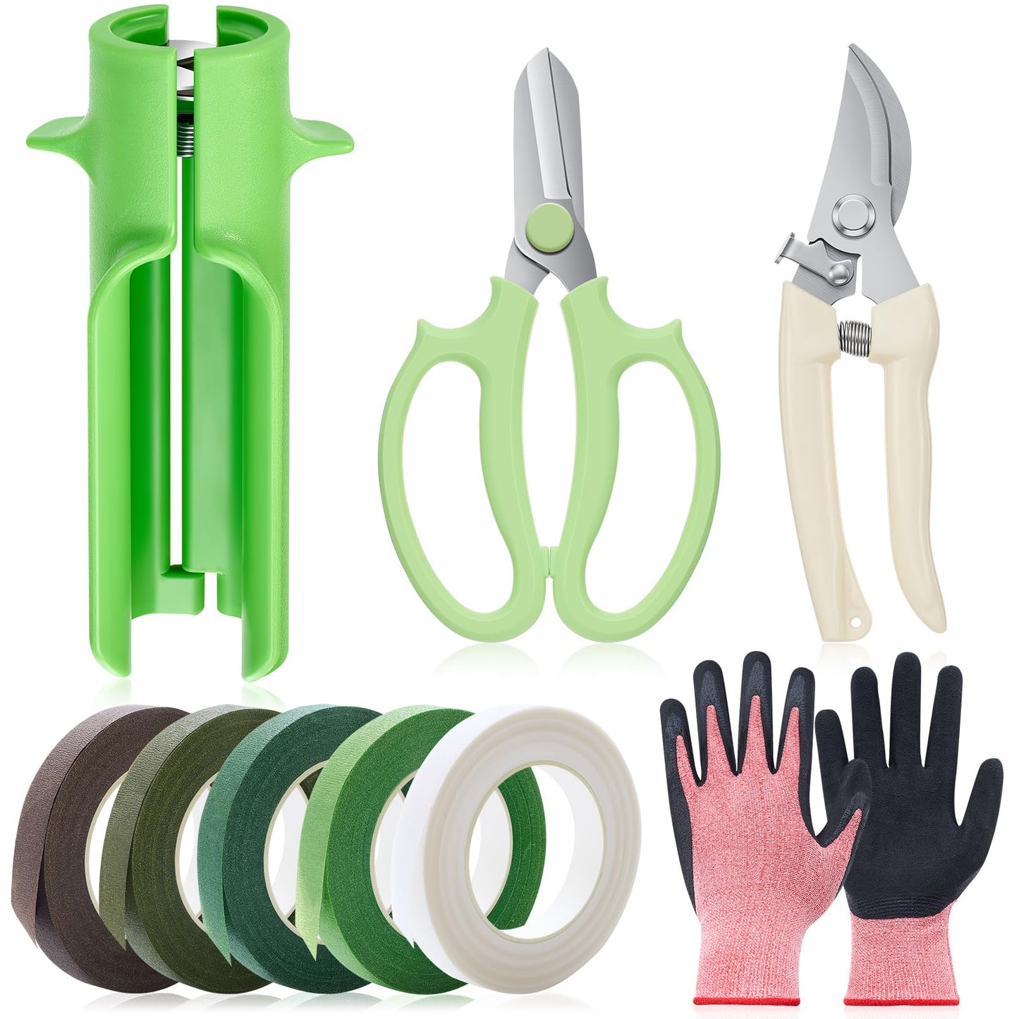 9 Pcs Rose Thorn Remover Set Include 1 Flower Thorn Stripper Tool 5 Floral Tape 1 Flower Scissor 1 Curve Gardening Scissors 1 Pair Gardening Gloves for Valentine Women Mother Gift (Green)