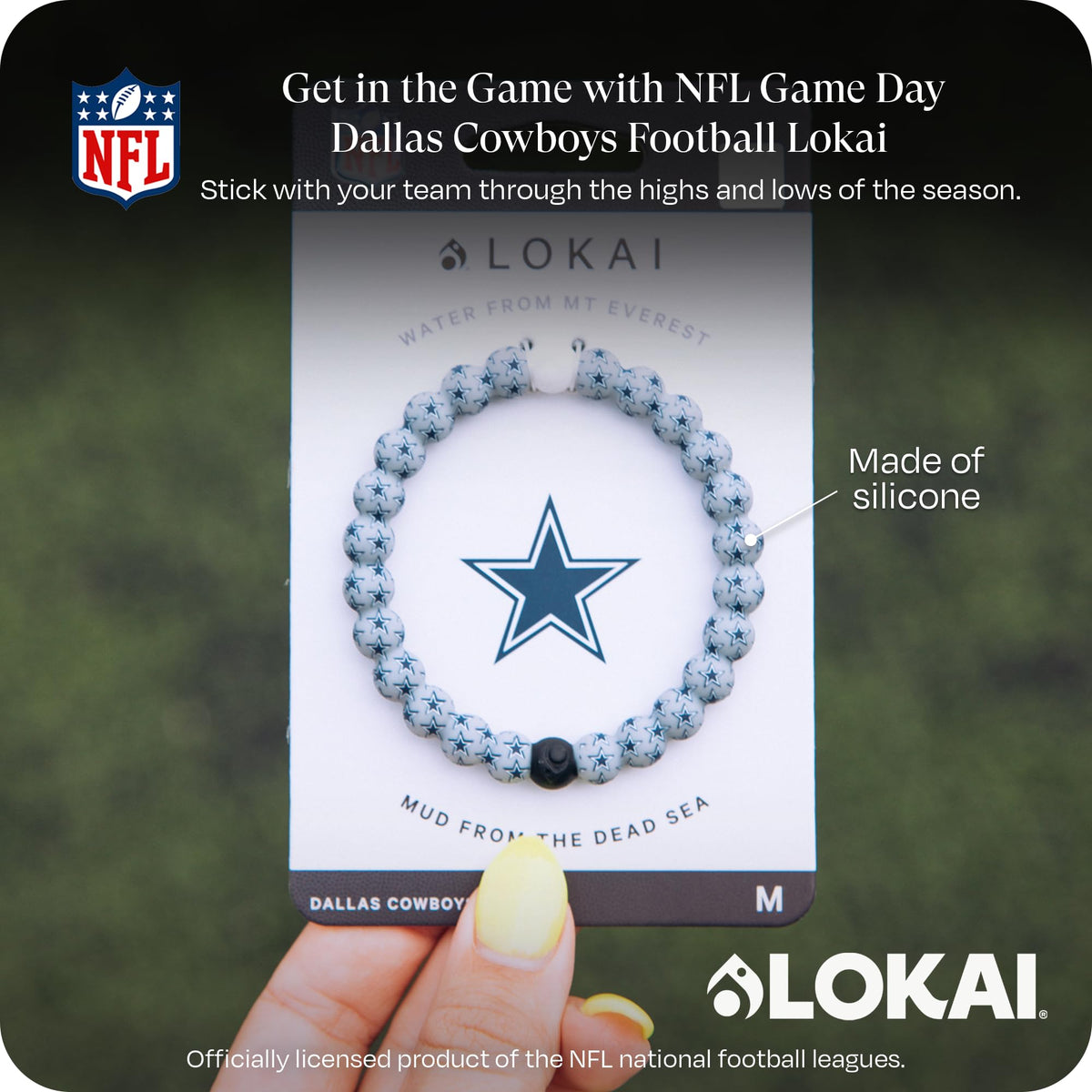 Lokai Silicone Beaded Bracelet for Men & Women, NFL Football Collection - Dallas Cowboys, Logo, Medium - Silicone Jewelry Fashion Bracelet Slides-On for Comfortable Fit
