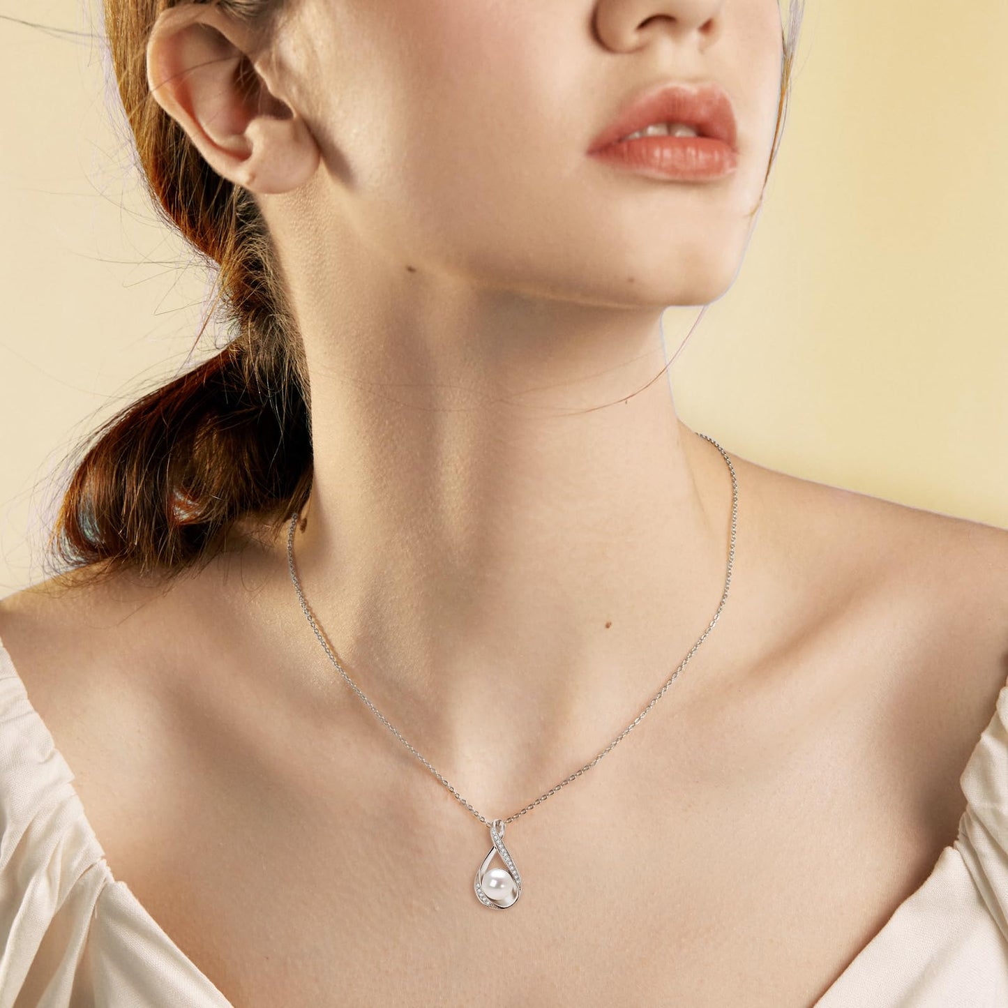 Pearl Necklace for Women, Sterling Silver Freshwater Cultured Dainty Single Pearl Pendant Necklace with Moissanite Wedding Jewelry Gift for Bride Bridesmaid (9mm)