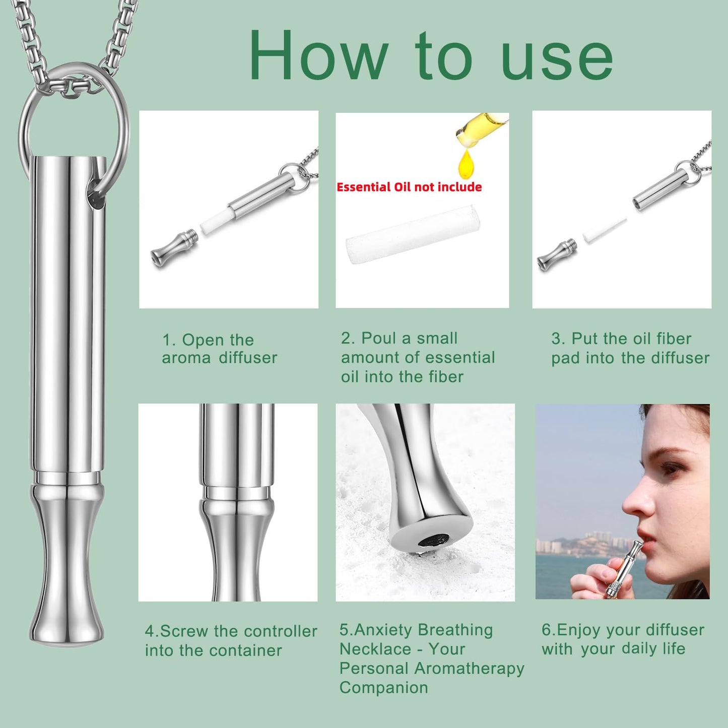 hooppoo Breathing Necklace for Calm & Focus - Personal Essential Oil Diffuser for Anxiety Relief, Quit Smoking, Yoga and Meditation - Reusable Stainless Steel Pendant for Women Men (Silver)