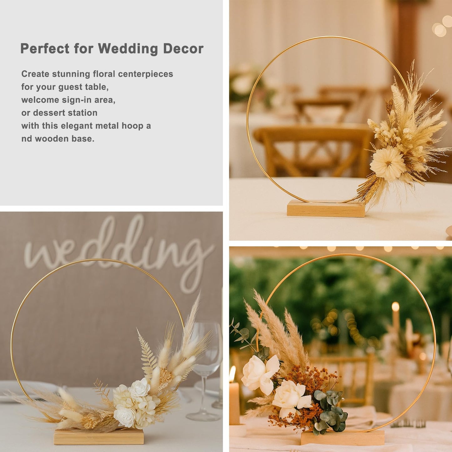 10 Pack Floral Hoop with Stand and 38-Yard Paddle Wire 12 Inch Metal Rings for DIY Centerpiece Table Decorations Crafts Macrame Rings Hoop Wreath Dream Catcher Rings Wedding Christmas Wreaths, Gold