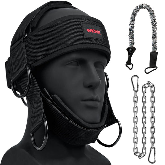 WKWE Neck Harness for Increases Neck Core Strength - Neck Exerciser with 30" Heavy Duty Steel Chain for Safely Lifting Weights Up to 280 lbs, Adjustable Head with Nylon Tether and 2 Carabiners Manually-operated exercise equipment