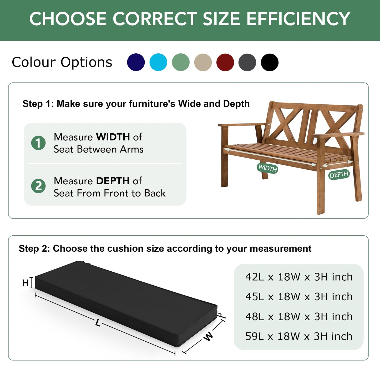 Summsun Outdoor Bench Cushion: Waterproof and Fade Resistant Patio Furniture Cushions - Non-Slip Bench Pad Cushion with Removable Cover for Garden Swing Porch Sofa Settee, 48 x 18 x 3 Inch, Black