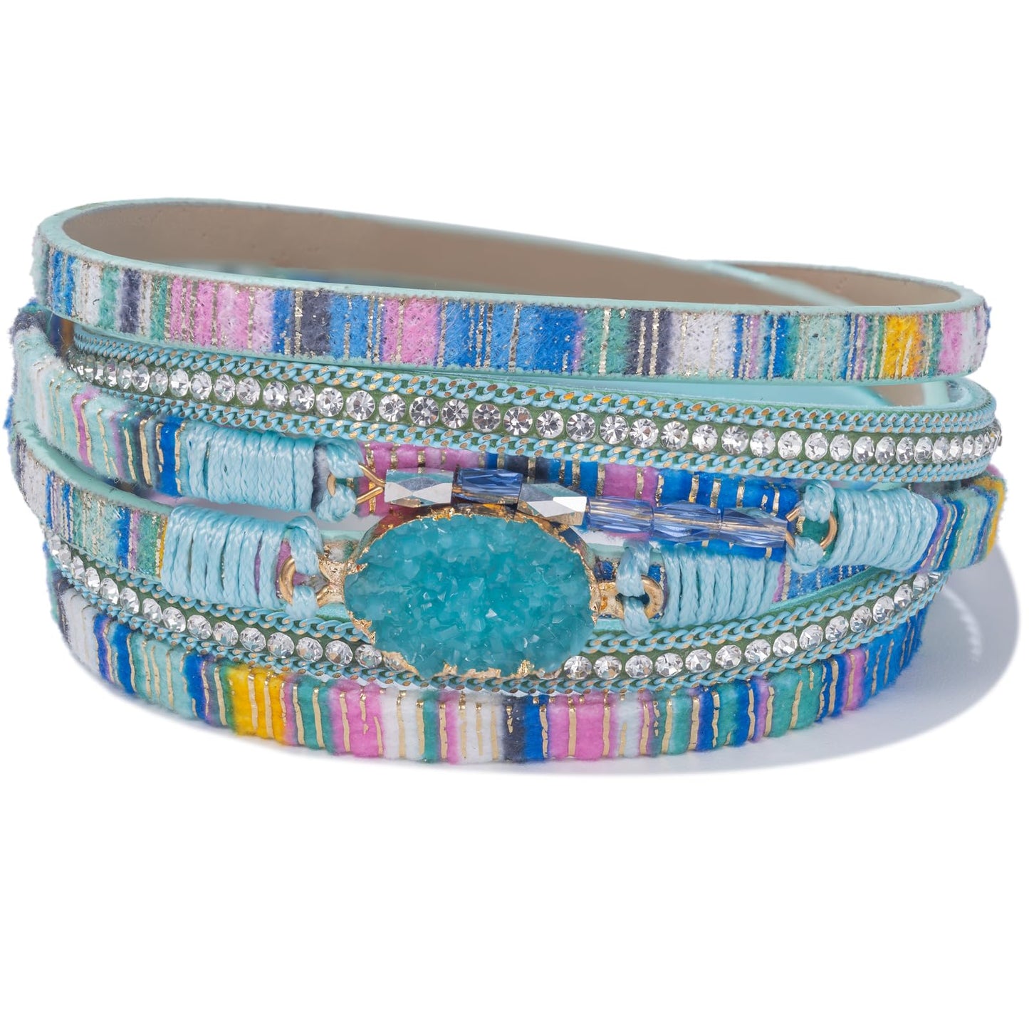 FANCY SHINY Boho Leather Wrap Bracelet Stackable Chunky Crystal Cuff Bracelets with Magnetic Clasp Cowboy Cowgirl Western Summer Beach Outfits Jewelry Gifts for Women (14.7", Boho Blue)