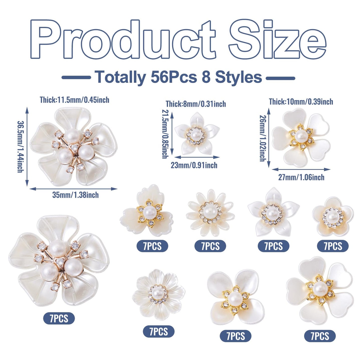 Beadthoven 56Pcs Pearl Rhinestone Buttons 8 Styles Vintage Crystal Flower Brooches Flatback Floral Button Embellishments for DIY Craft Wedding Bouquet Hair Clothing Jewelry Making Bag Shoes Supplies