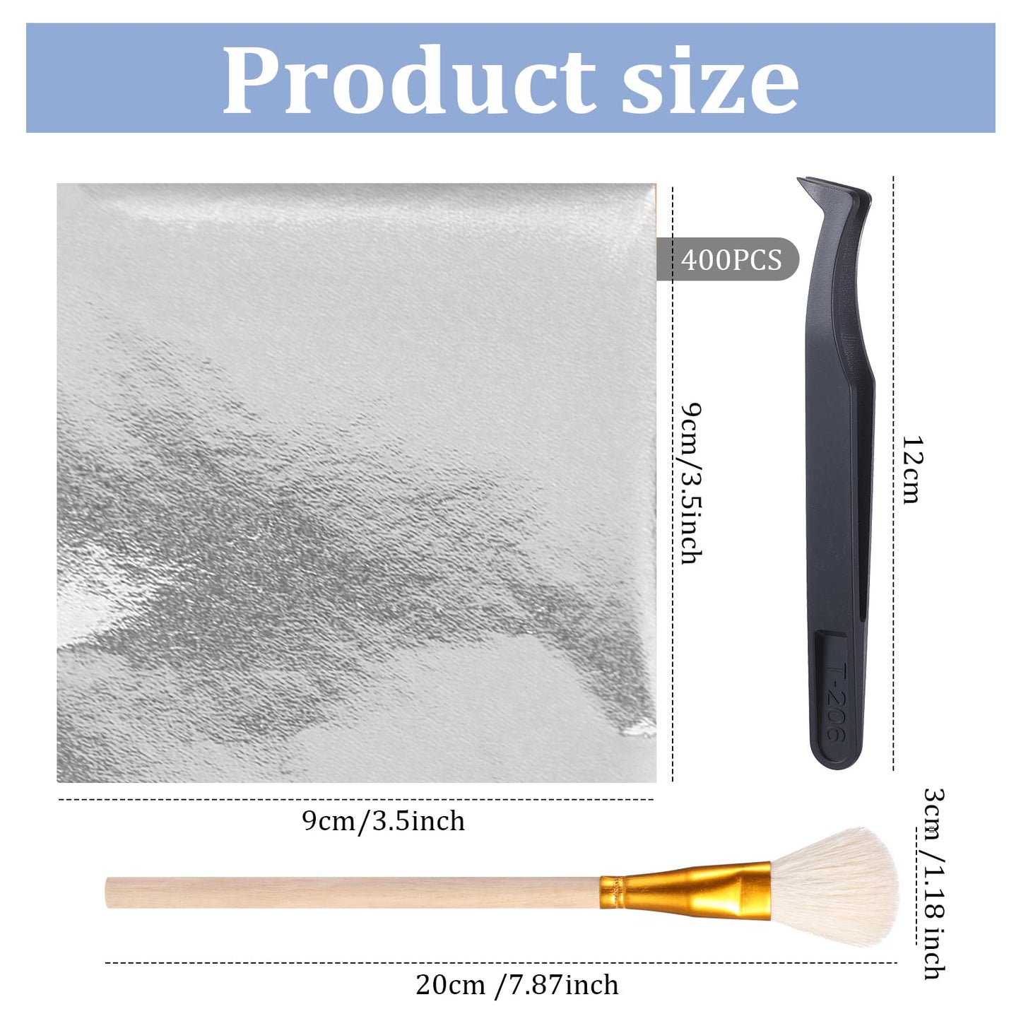 Maitys 400 Pcs Imitation Gold Leaf Sheet, for Art Silver Foil Sheet Set with Brush and Nipper for Painting Gilding Picture Frame Sculpture DIY Craft Decoration Furniture, 3.5 x 3.5 Inches(Silver)