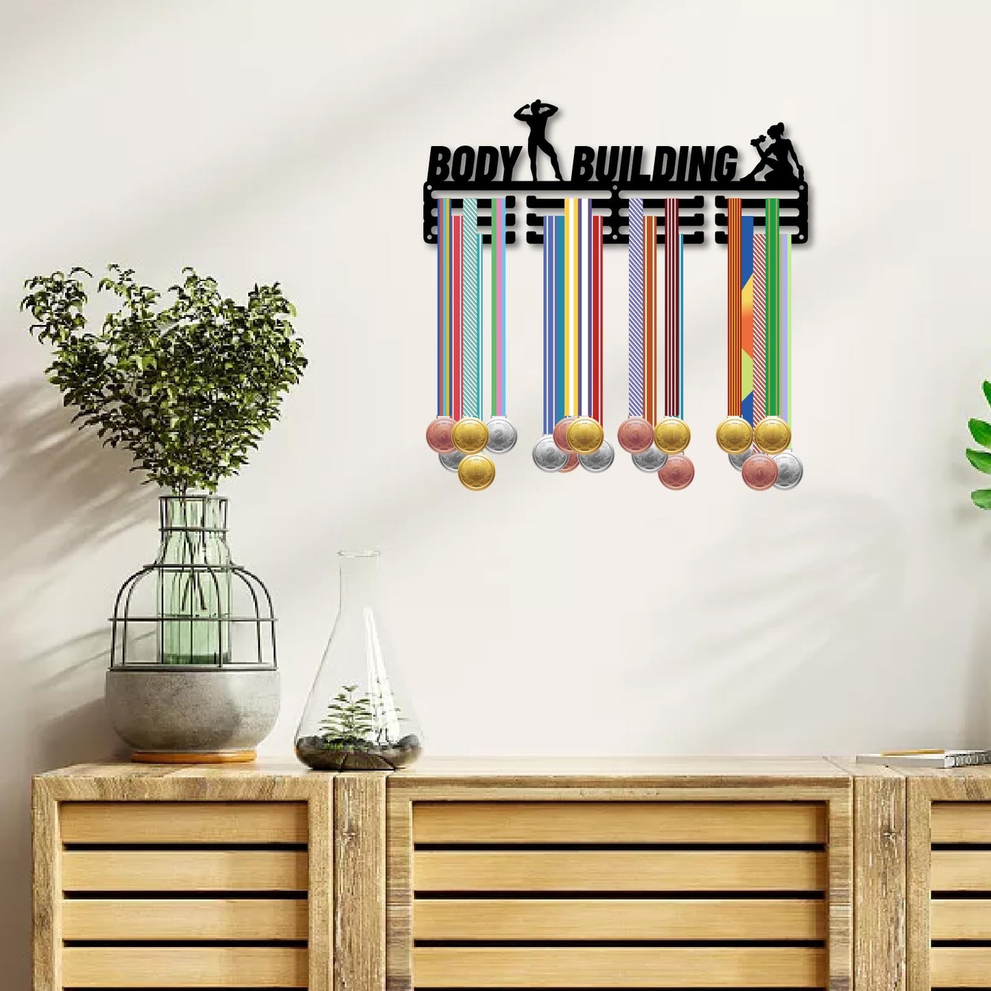 CREATCABIN Body Building Medal Holder Bodybuilding Medal Hanger Display Sports Ribbons Organizer Metal Black Rack Frame Shelf Wall Hanging Over 60+ Medals for Player Athlete Medalists 15.7 x 5.9 Inch