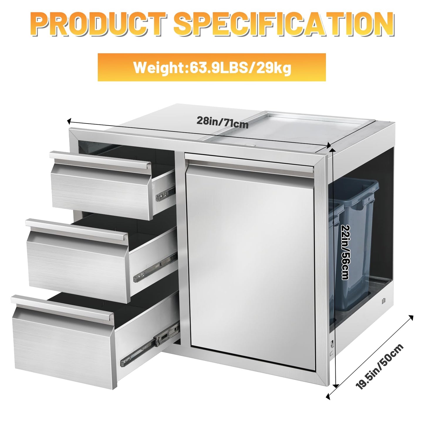Tactralis Outdoor Kitchen Drawer Combo Cabinet Stainless Steel Triple Drawers & Trash Drawer with 2 Trash Cans, 28" W x 22" H x 19.5" D Outdoor Kitchen Cabinets for BBQ Grill Station