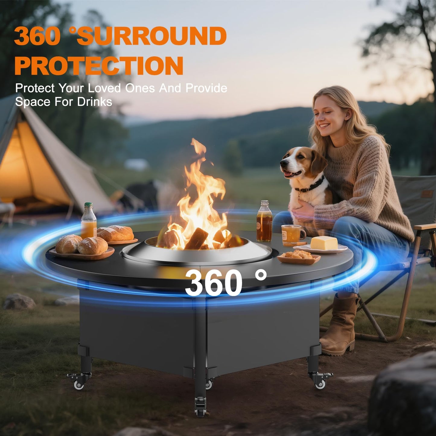 Fire Pit Surround Tabletop for Solo Stove Bonfire,Foldable Surround Table with Wheels for Safety & Easy Clean,42" Powder-Coated Steel Wood Burning Stove Surround Table Top,Accessories for Solo Stove