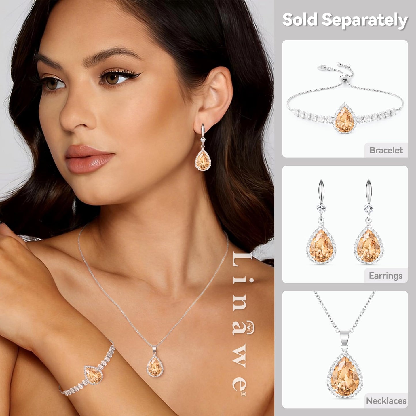 Linawe Silver Color Fake Diamond Pendant Necklace for Women Trendy, Champagne Rhinestone Cubic Zirconia Crystal Moissanite Gemstone Teardrop Necklaces, Dainty Costume Simple Drop Necklace