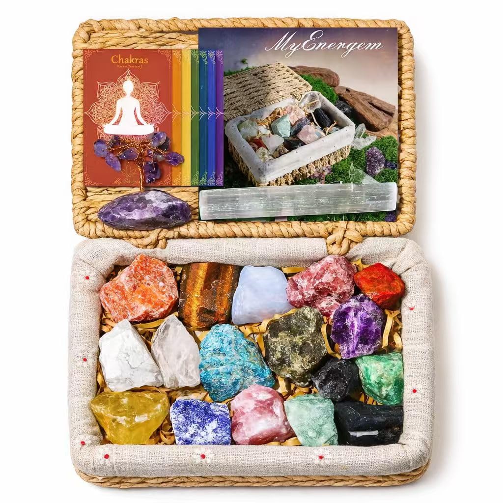MYDAYS&DESIGN 18Pcs Crystals and Healing Stones Set in Rattan Box, 17 Raw Chakra Stones, 1 Amethyst Tree, Guide for Beginners, Meditation Yoga Home Decor, Healing Crystal Gifts for Women Mom Girl