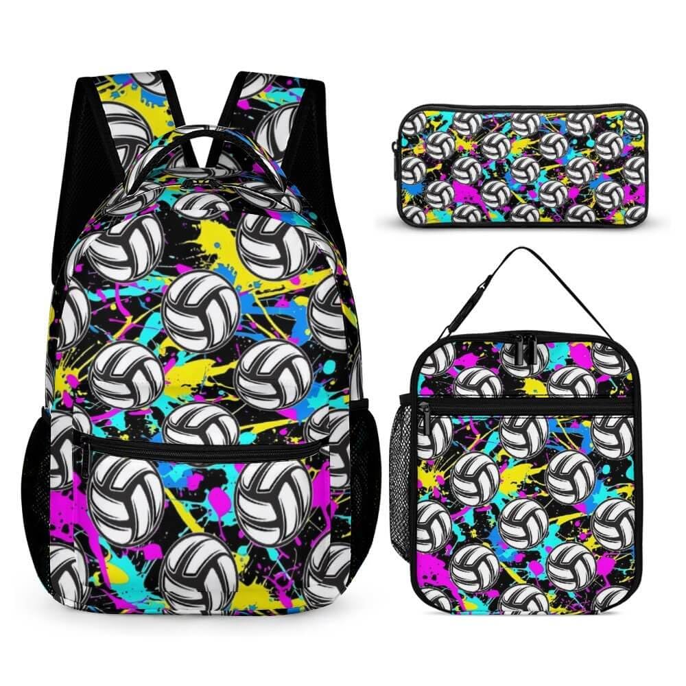 Homieblanket Volleyball Backpack with Lunch Box & Pencil Case, 16 Inch Cool Sports Themed Bookbag, Adjustable Durable Lightweight Large Capacity, Colorful Backpacks Set for Kids Girls Boys School