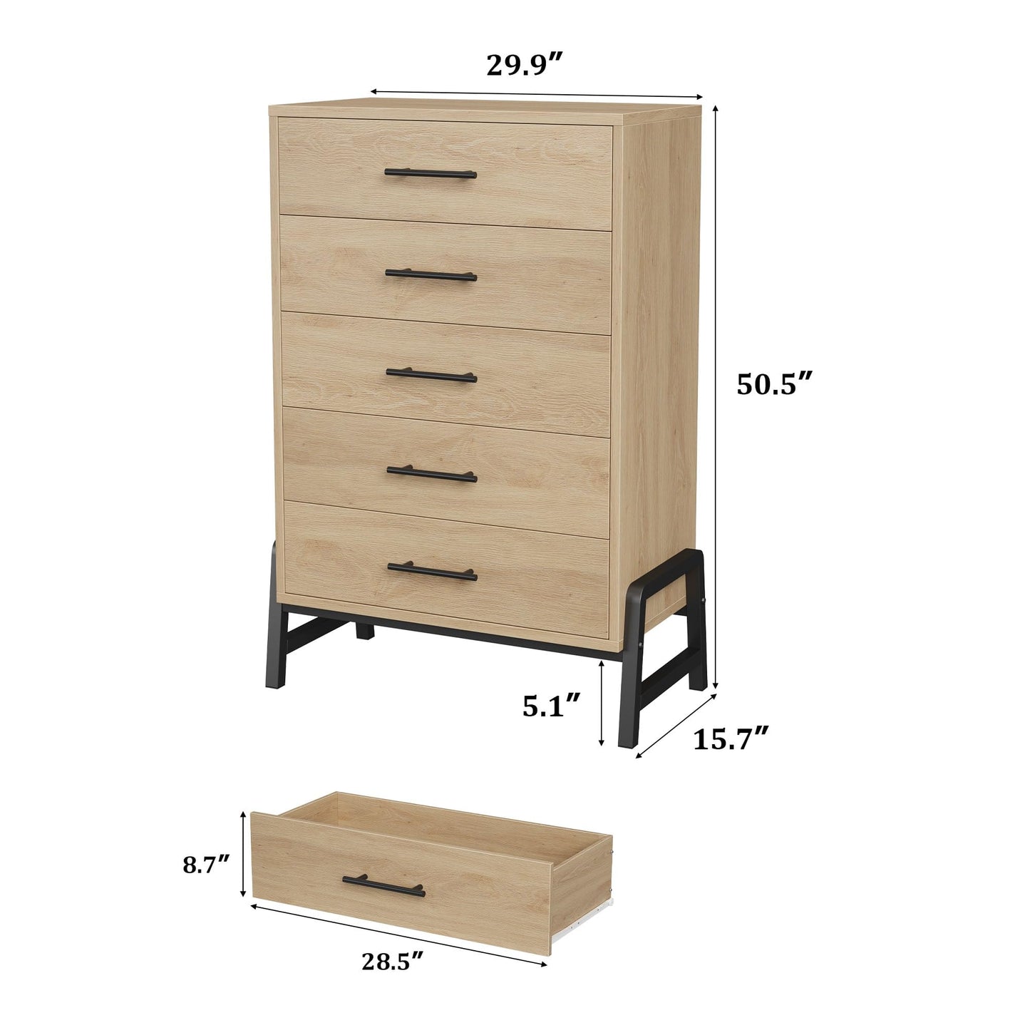 GarveeHome 5 Dresser for Bedroom, 50.5 in Tall Drawer with Large Storage Space, Freestanding Wooden Closet Storage Dresser Chest for Living Room, Bedroom, Entryway, Natural Oak