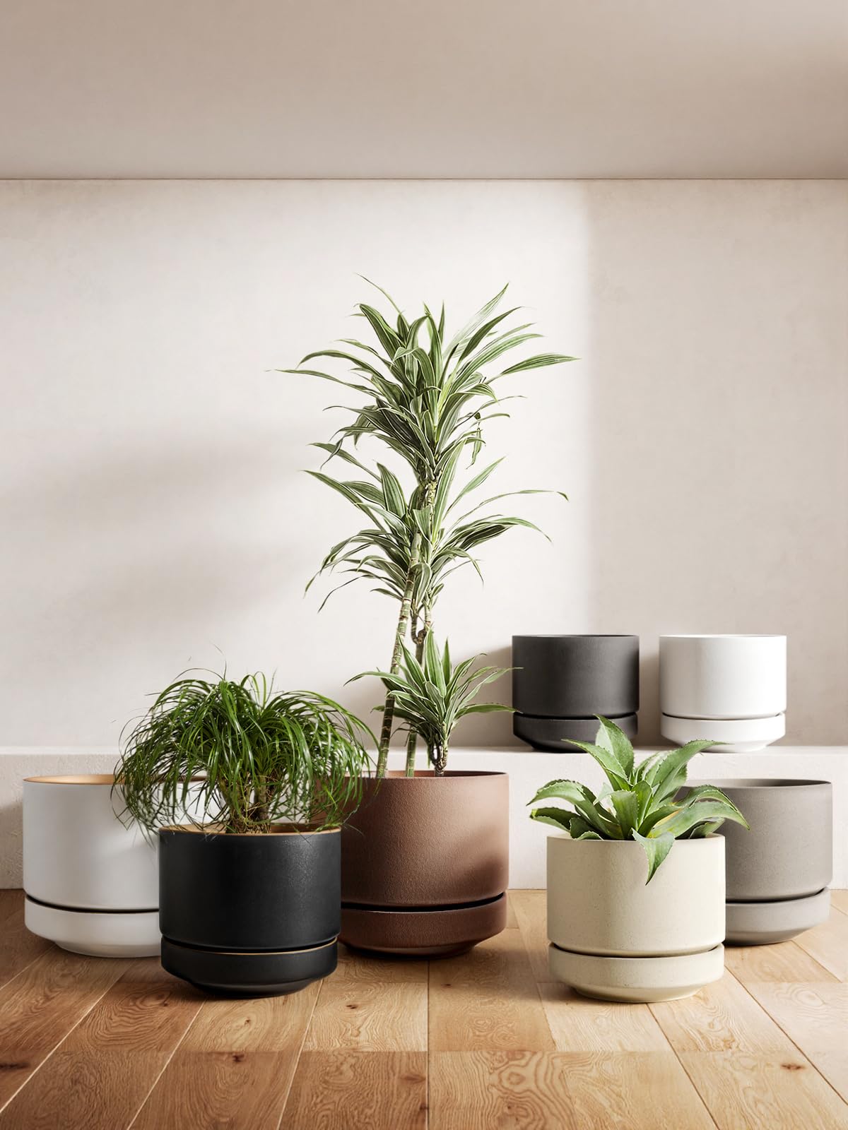 LE TAUCI 12 Inch Pot for Plants with Saucer, Ceramic Indoor Planter Pot with Drainage Hole, Mesh Pad Included, Unglazed Porous Ceramic, Modern for Home and Office, Charcoal Gray