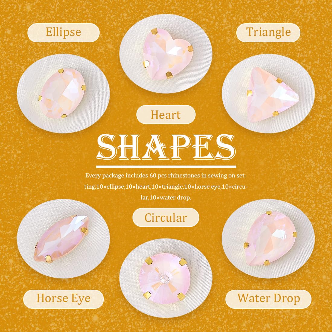TANOSII Sew on Rhinestones 60 PCS Mixed Shapes Glass Rhinestones Sew on Crystal Gems Mental Flatback with Golden Claw for Jewelry Crafts Clothes Shoes Costume Garment Pink