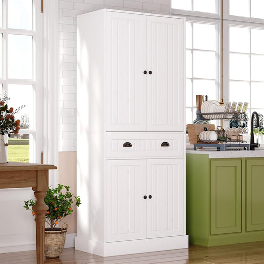 4 EVER WINNER 72" Tall Kitchen Pantry Cabinet, Food Pantry Cabinet with Storage Cabinets and Door Shelves, Farmhouse Cabinet with Adjustable Shelves and Drawers for Kitchen, Dining, Living Room, White