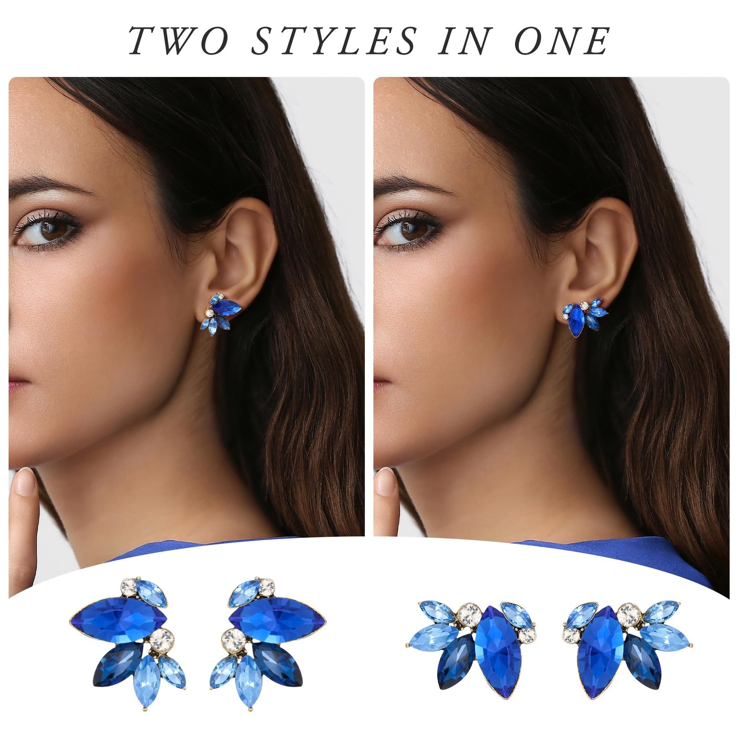 SWEETV Sparkly Blue Rhinestone Stud Earrings for Women, Crystal Wedding Bridal Earrings for Brides,Cluster Bridesmaid Earrings, Prom Formal Party Jewelry