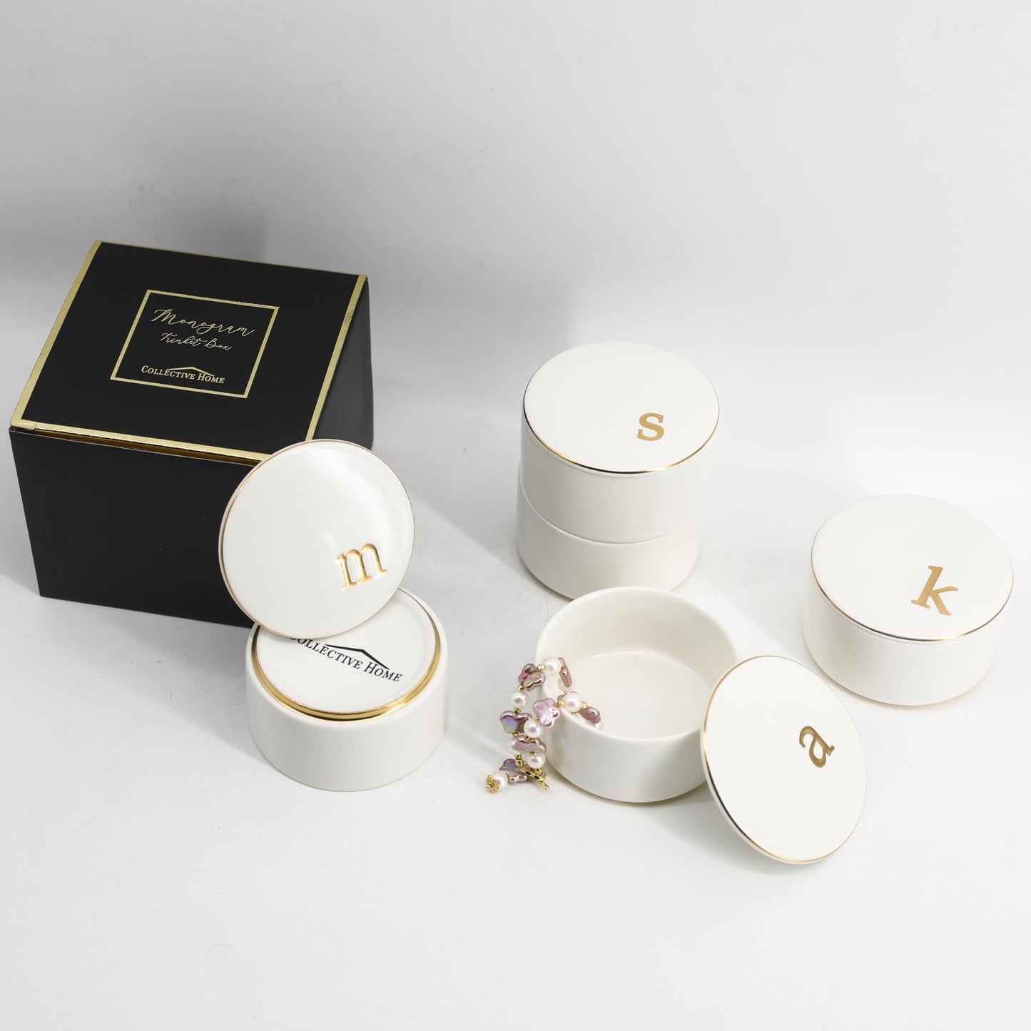 COLLECTIVE HOME - Ceramic Jewelry Box, Elegant Embossed Jewelry Holder, Trinket Organizer with Gold Monogram Lid, Storage for Ring Necklace Bracelet Earrings, Rings and Accessories (m)