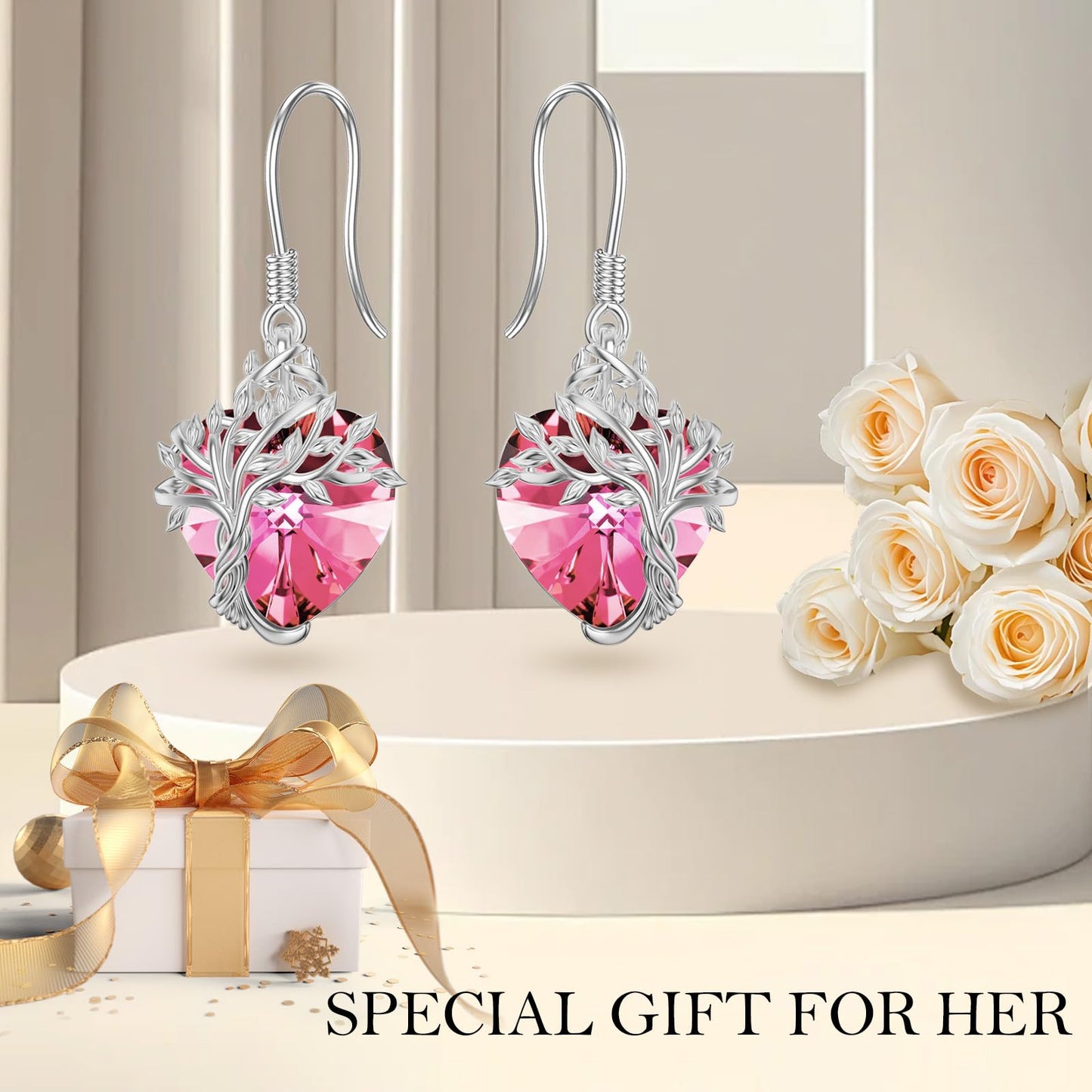 TOUPOP Heart Pink Tourmaline Earrings Sterling Silver Tree of Life Earrings October Birthstone Jewelry Birthday Mothers Day Gifts for Women Mom Her