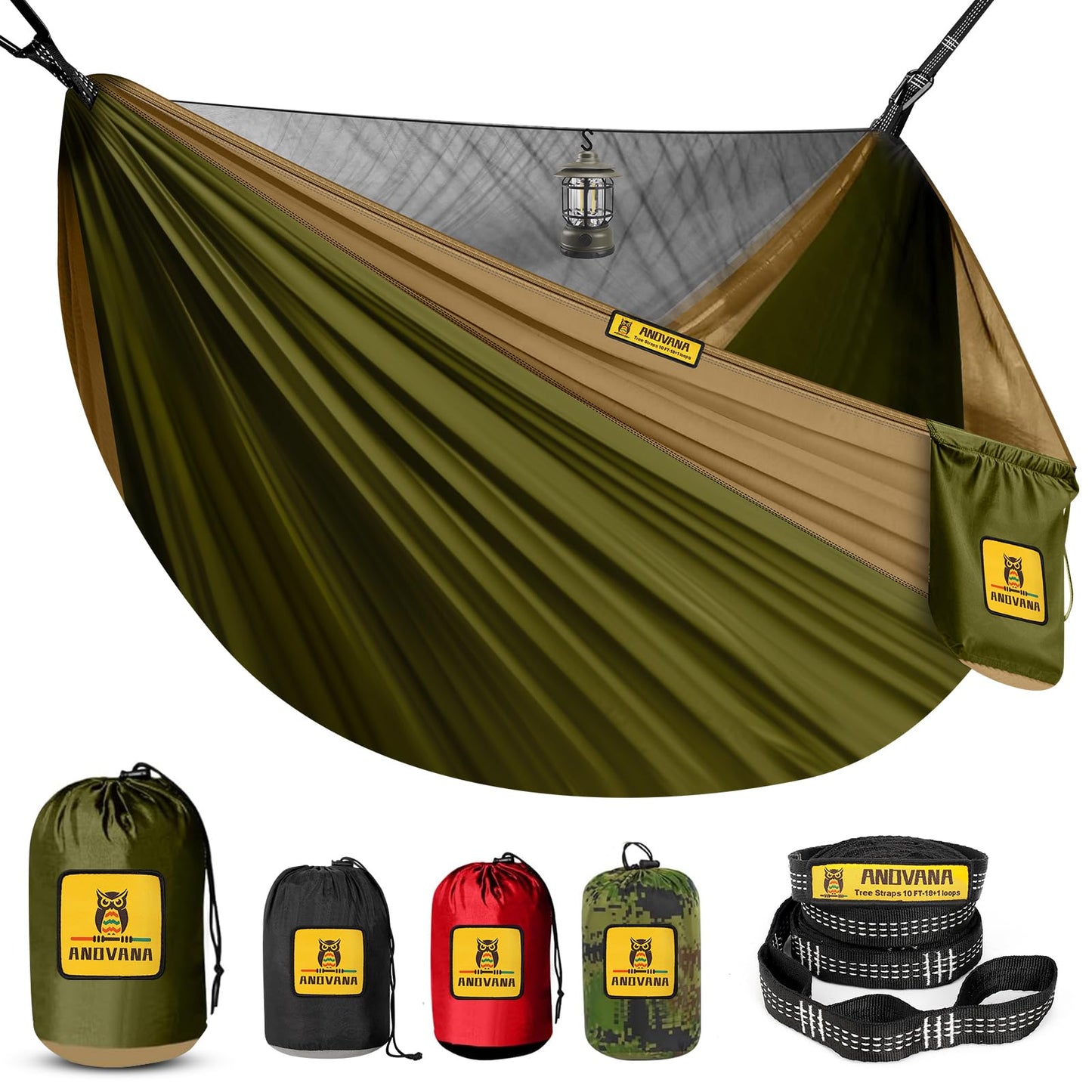 Camping Hammock with Mosquito Net, 600 lbs Portable Hammock with Tree Straps, 2-in-1 Double/Single Travel Hammock Tent for Outside/Indoor/Backpacking/Beach - Green & Khaki