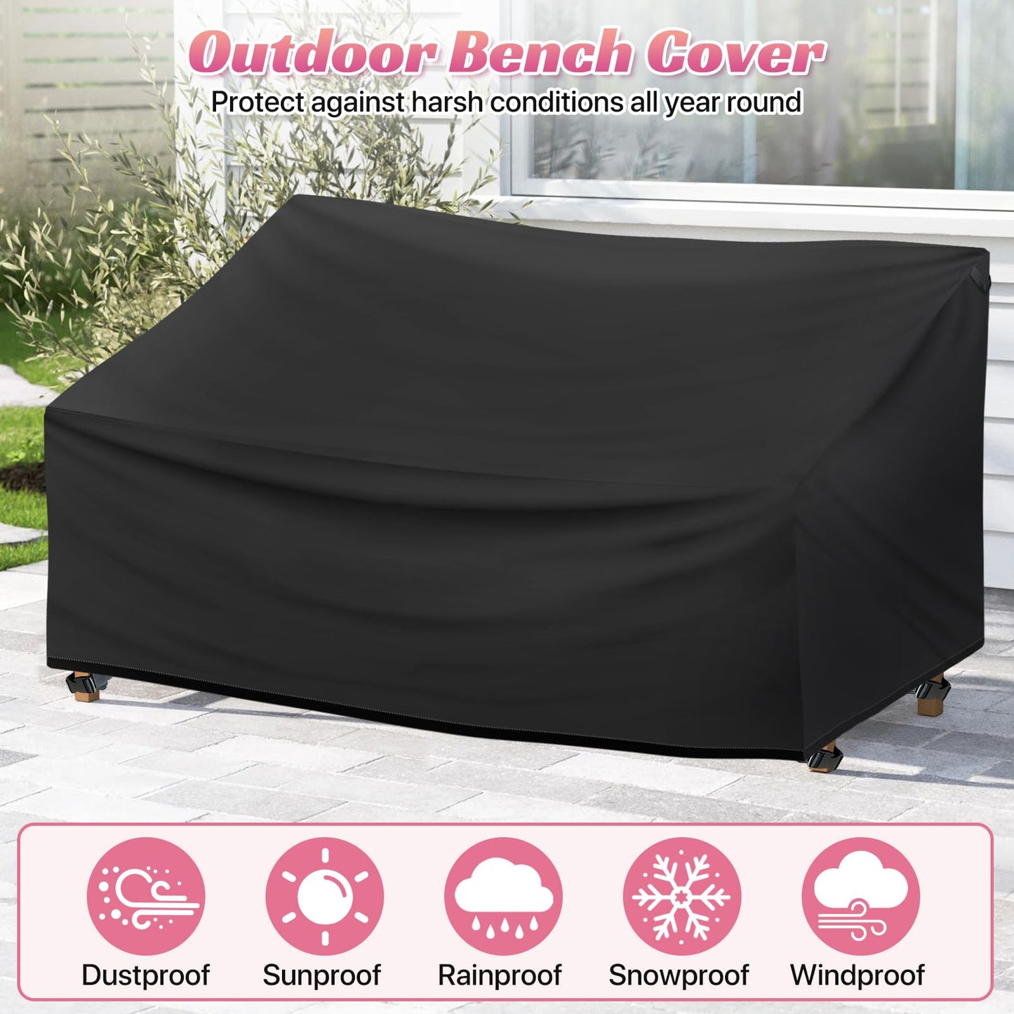 Outdoor Bench Cover 2 Seater Waterproof, 52" W X 28" D X 35" H All Weather Patio Bench Cover for Outside Furniture, Loveseat, Sofa Couch, Bench and Glider, Black