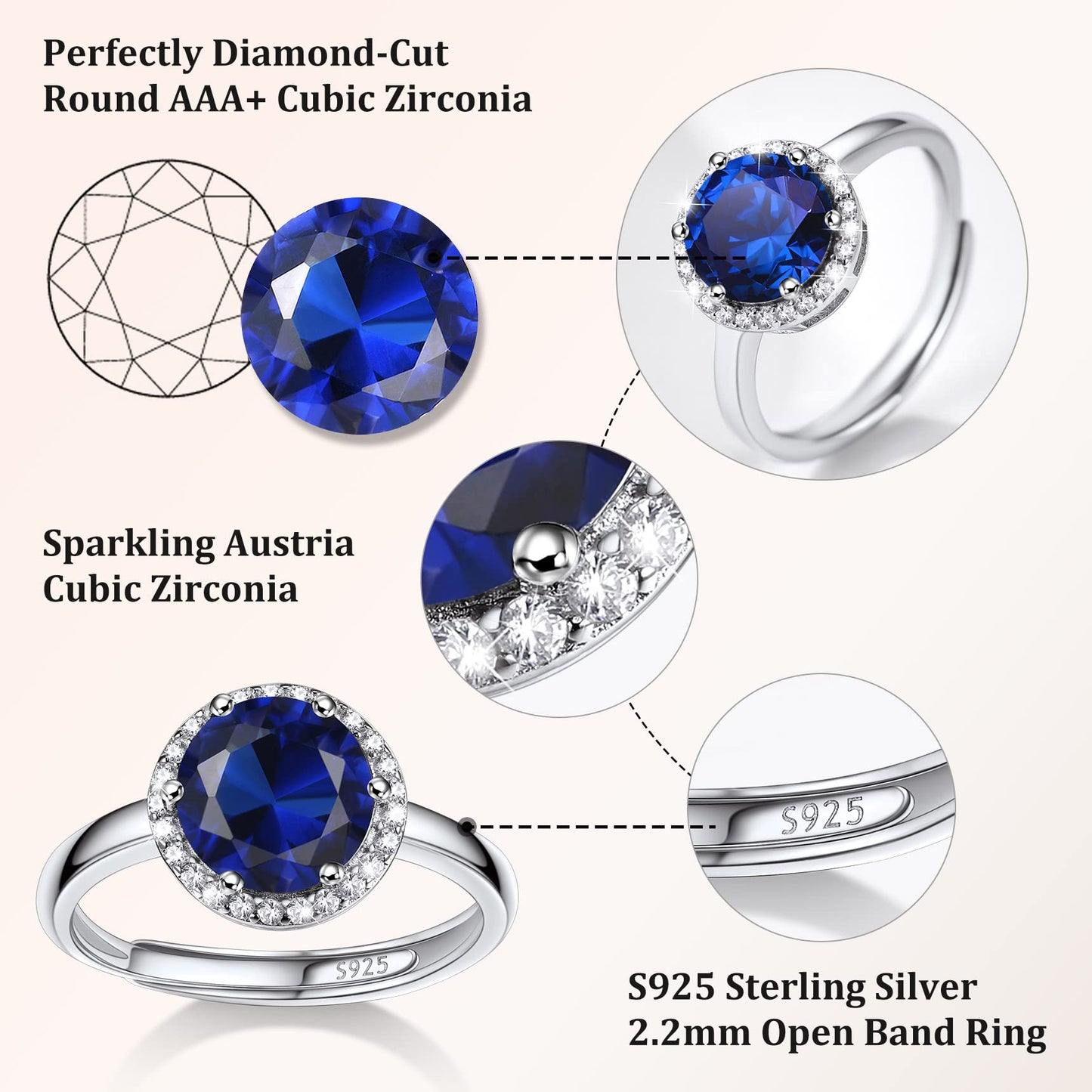 Bestyle Adorable September Sapphire Birthstone Rings 925 Sterling Silver CZ Round Gemstone Rings Great Birthday Gift for Daughter/Wife/Mom/Grandma