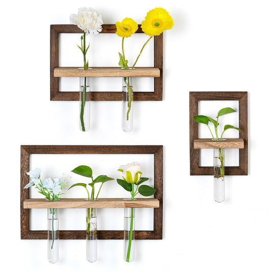 Walasis Wall Planter Propagation Stations - Hanging Glass Terrarium Tube Vase with Wood Shelf for Indoor Plants Cutting - Rustic Wall Decor for Farmhouse