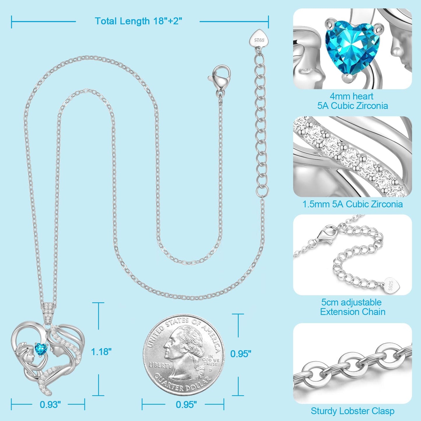 Zifeel Mothers Day Gifts for Mom Wife Her Grandma, S925 Sterling Silver Birthstone Necklaces Jewelry for Women, Mother's Day Love Heart Pendant Necklace for Anniversary Birthday Christmas Day