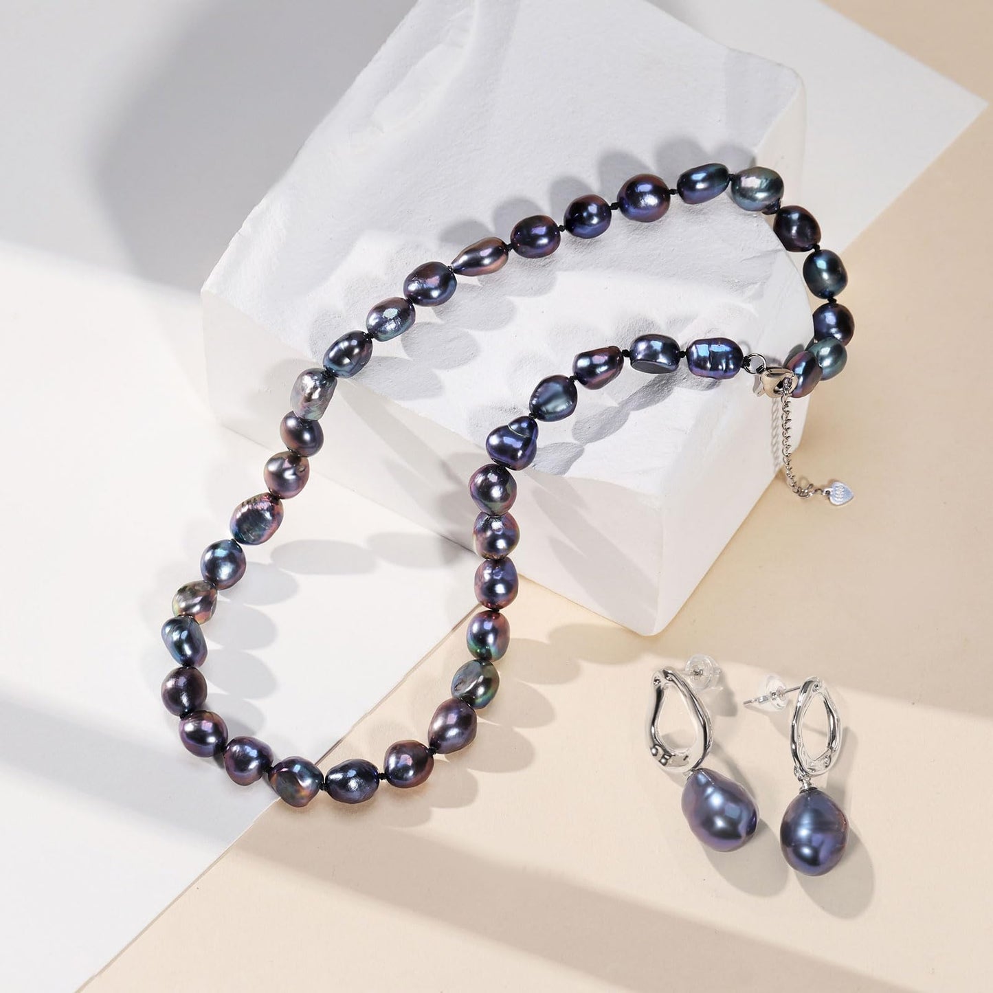 BAMIKI Black Pearl Necklace and Earrings Baroque, Tahitian Pearl 8-9.5mm, 925 Sterling Silver Clasp, Jewelry for Women, Gifts for Mother wife Anniversary Birthday, 18+2IN Adjustable Chain