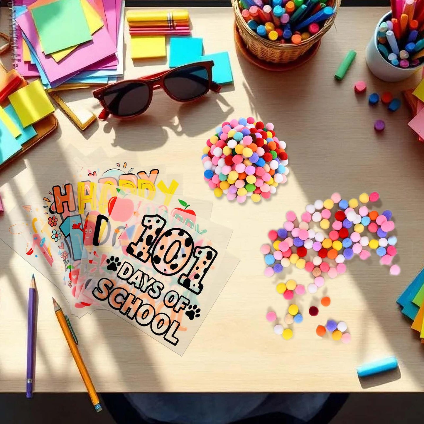 16 Sets 100 Days of School Craft Kit Iron on Transfers Stickers DIY Iron on Heat Transfer Decals with Pom Pom Ball Dot Stickers Gems Number Stickers for Clothing Shirt Bag Classroom Appliques Craft