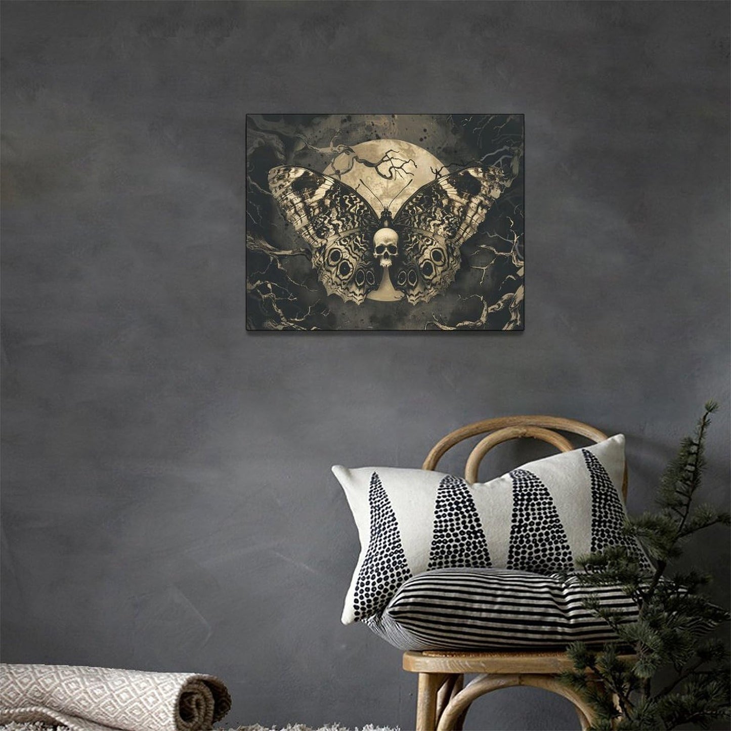 xiilo Gothic Skull Wall Art Spooky Skeleton Butterfly Pictures Decor Goth Moon Horror Canvas Painting Home Artwork Decorations for Halloween Bathroom Living Room Bedroom 16x12 inch