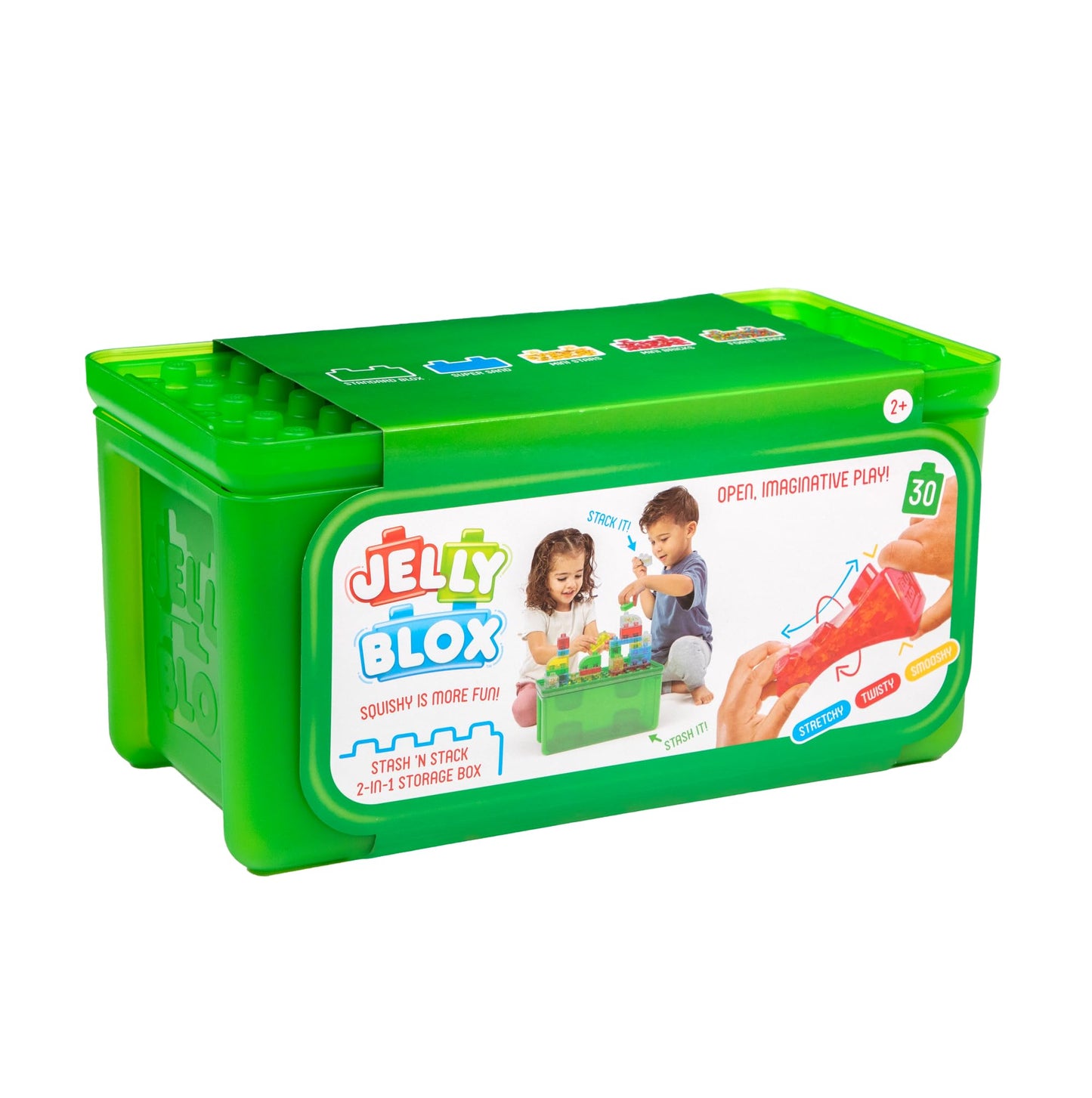Jelly Blox Stash 'N Stack 2-in-1 Storage Case with 30 Blocks | Toddler & Preschool Building Blocks Kids Can Squeeze & Stretch | MESH ACCREDITED | Safety Tested & Ouch-Free | Sensory Play Toy Ages 2+