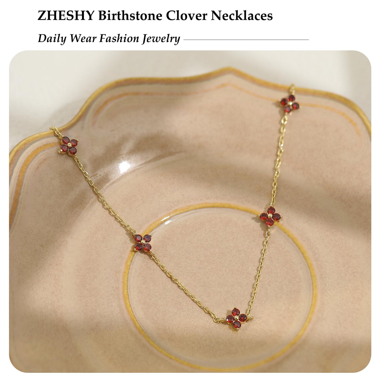 ZHESHY Birthstone Gold Necklace for Women Dainty Non Tarnish 14K Gold Plated Clover Necklaces Red CZ Station Choker Necklace Birthday Gifts Womens Gold Jewelry