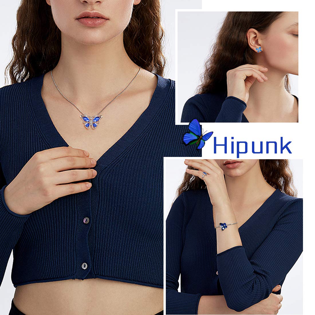Hipunk Butterfly Blue Jewelry Sets Birthstone Women 925 Sterling Silver September-Sapphire Birth Stone Animal Butterflies Jewelry Sets/Earring/Ring/Bracelet Set Crystal Birthday Jewelry SS0003S