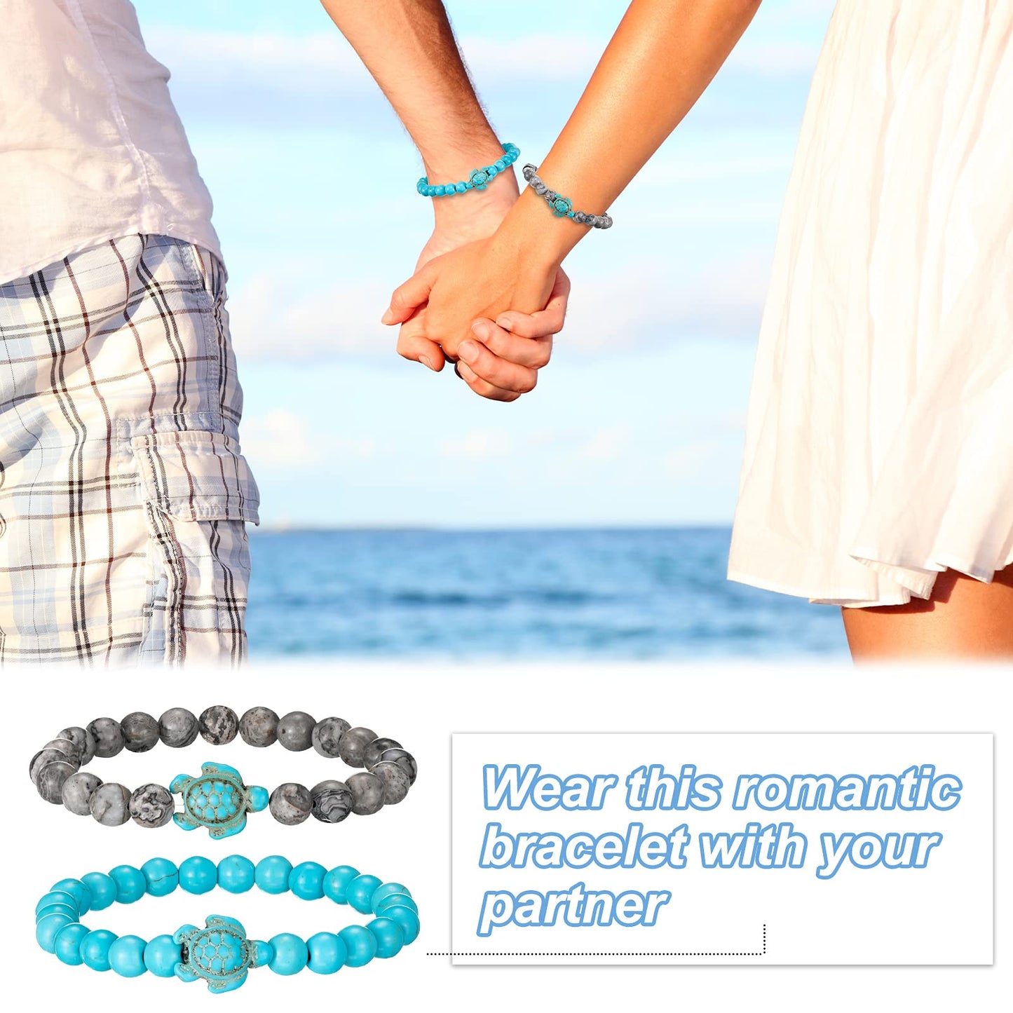 Bonuci Turtle Bracelet 4 Pieces Sea Turtle Beads Ocean Bracelets Natural Stone Turquoise Stretch Bracelet Gifts for Women Men